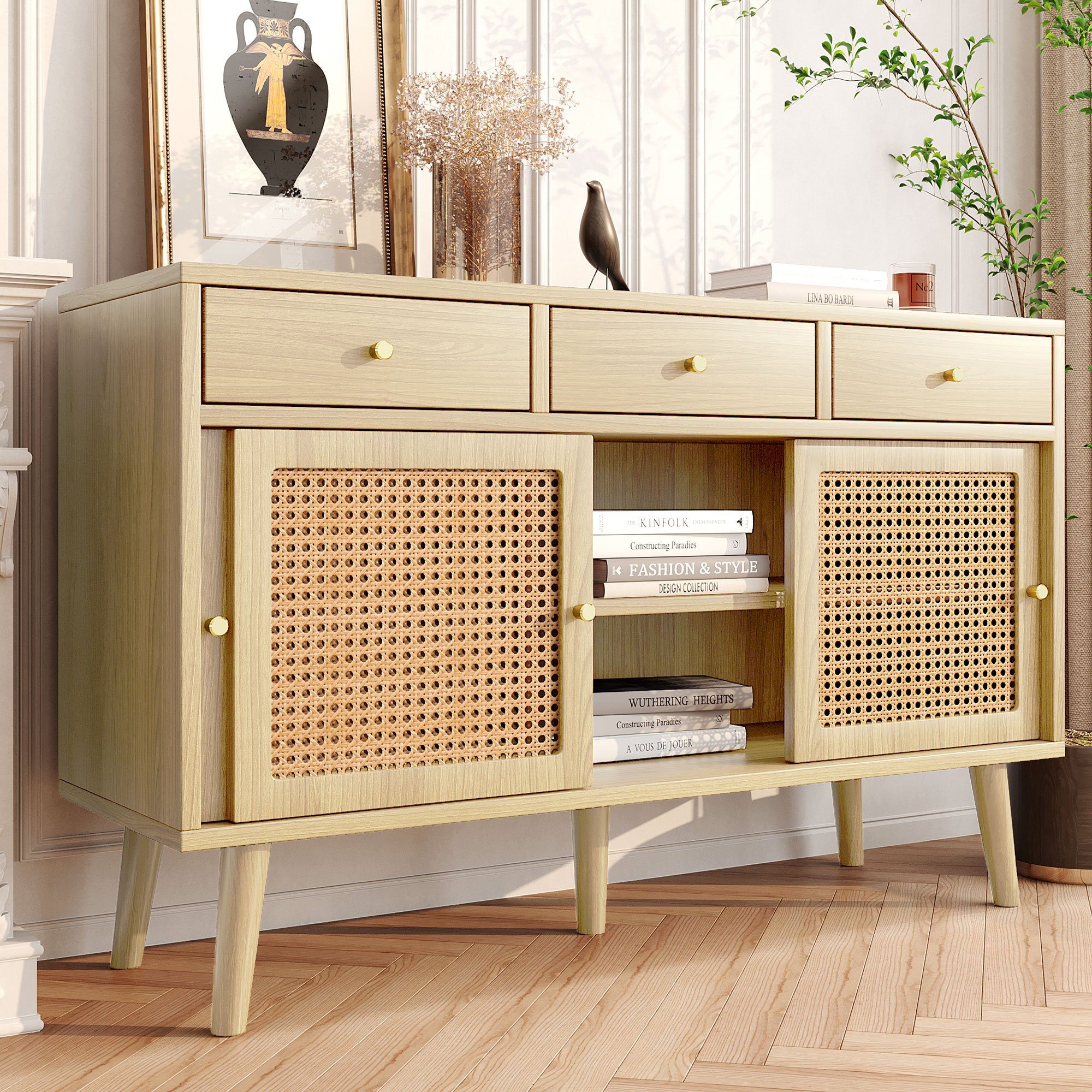 OKWISH Sideboard Sideboard mit verstellbaren Einlegböden, Kommode mit 3 Schubladen und 3 Schwebetüren