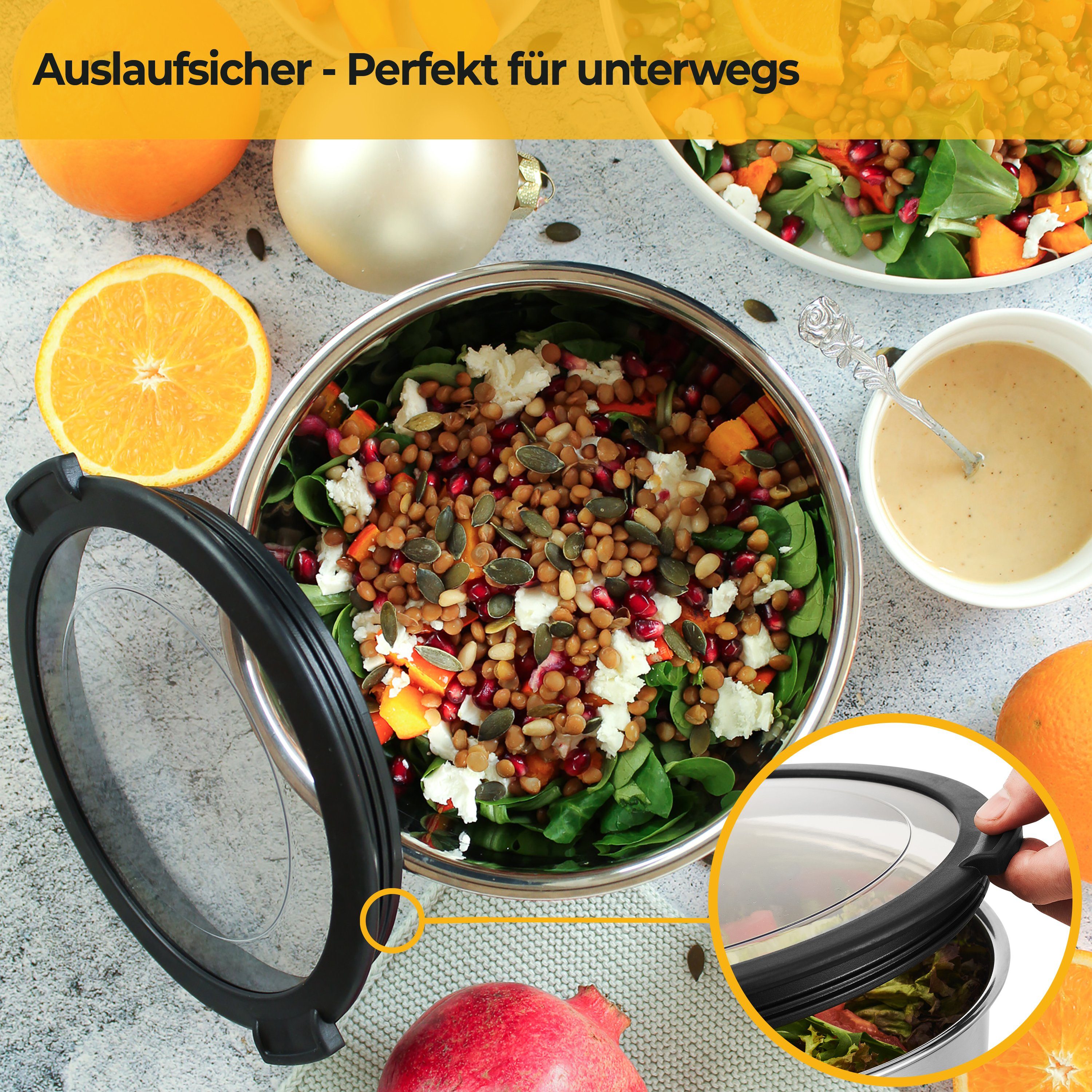 SILBERTHAL Salatschüssel Schüssel-Set mit Deckel, Edelstahl, (3-tlg), Rutschfest dank Silikonboden, mit integrierter Skala