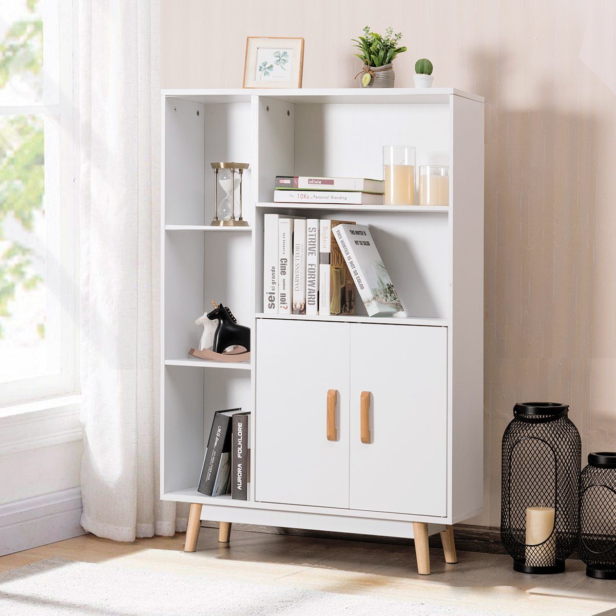 COSTWAY Bücherregal, mit Türen und 5 Fächern, Holz, 80 x 24 x 119 cm, weiß