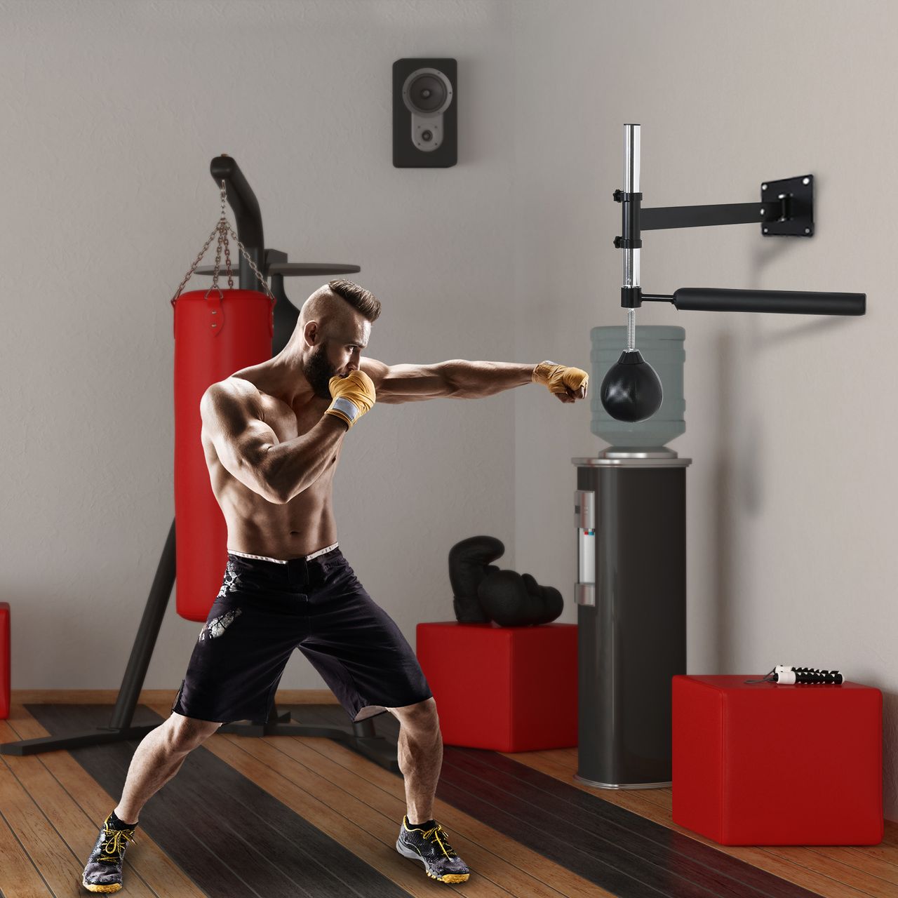 HOMCOM Boxgestell Boxtraining Wandhalterung klappbar mit drehbarer Reflexstange Speedball höhenverstellbar für Jugendliche und Erwachsene