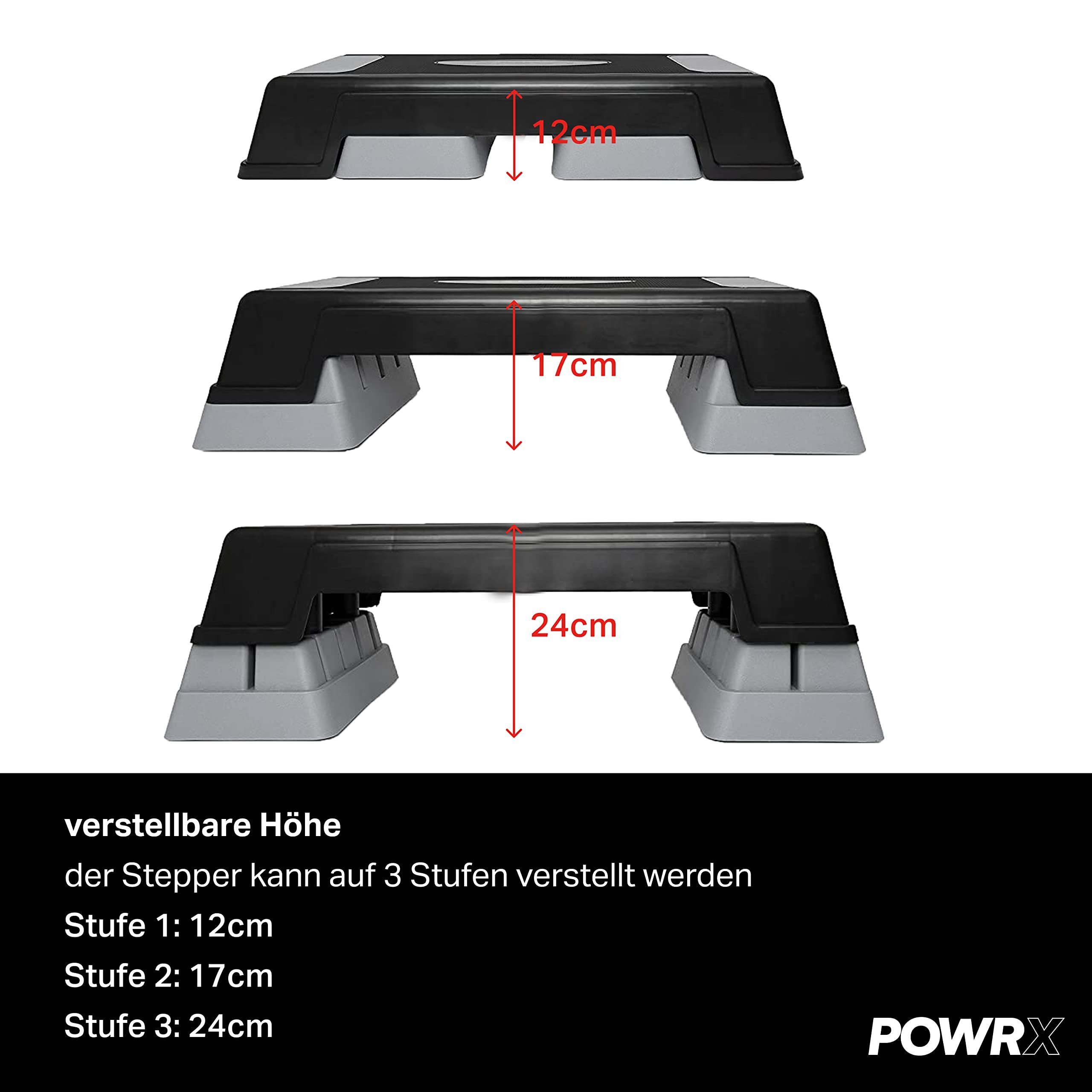POWRX Stepper Aerobic Steppbrett 3 Stufen höhenverstellbar & rutschfest, Grau