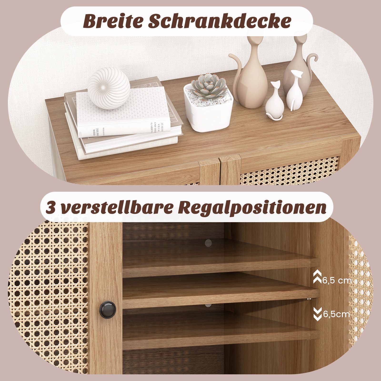 COSTWAY Sideboard, mit Arbeitsplatte, Rattantüren&verstellbarem Regal, 80cm