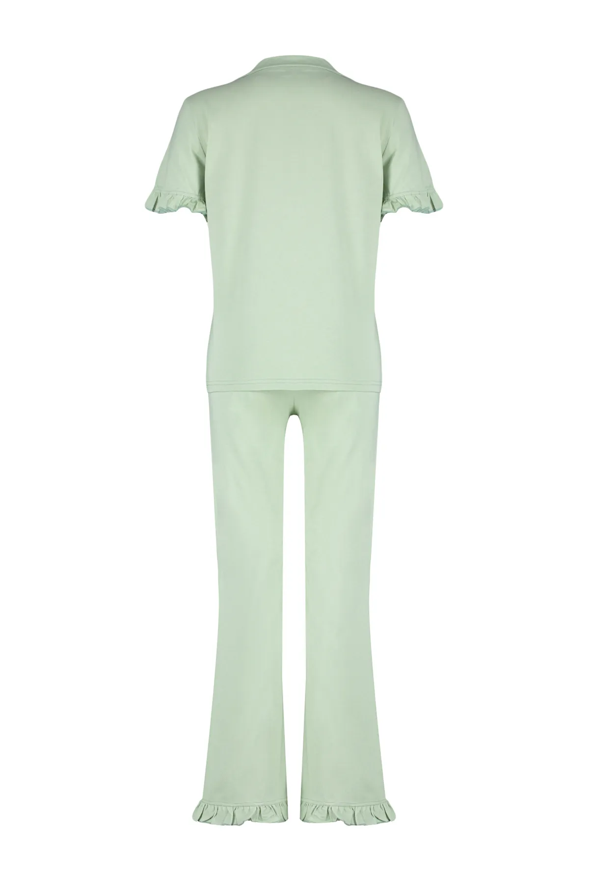 Trendyol Collection  Mintgrünes Pyjama-Set aus 100 % Baumwolle mit Rüschendetail THMSS24PT00223
