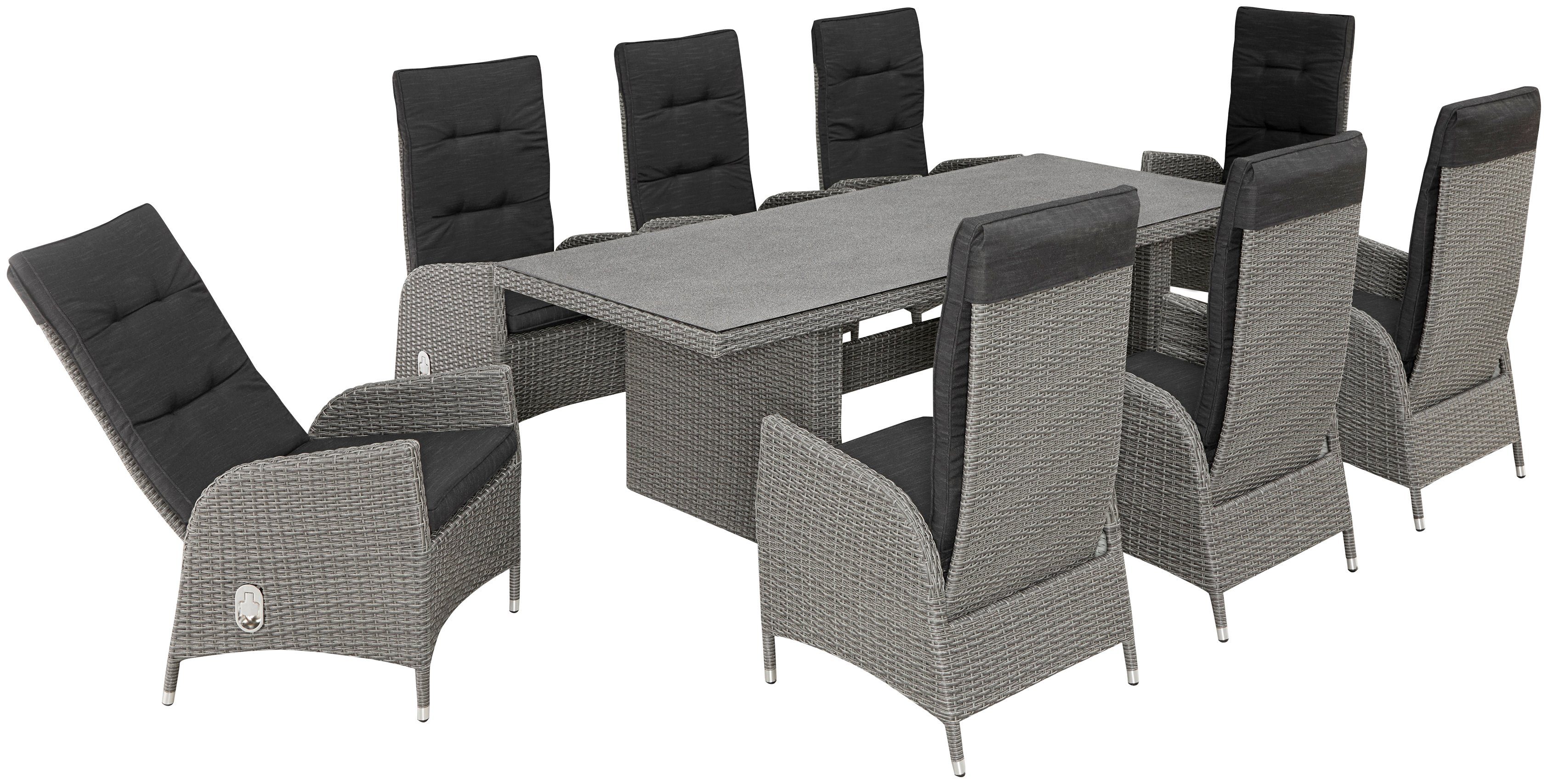 KONIFERA Garten-Essgruppe Brisbane, (17-tlg., inkl. Auflagen, Alu+Polyrattan), 8 Sessel, 1 Tisch 225x100x75 cm