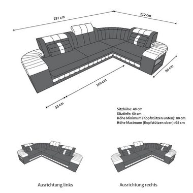 Sofa Dreams Ecksofa Ledercouch Ledersofa Bergamo L Form Leder Sofa, Couch, mit LED, wahlweise mit Bettfunktion als Schlafsofa, Designersofa