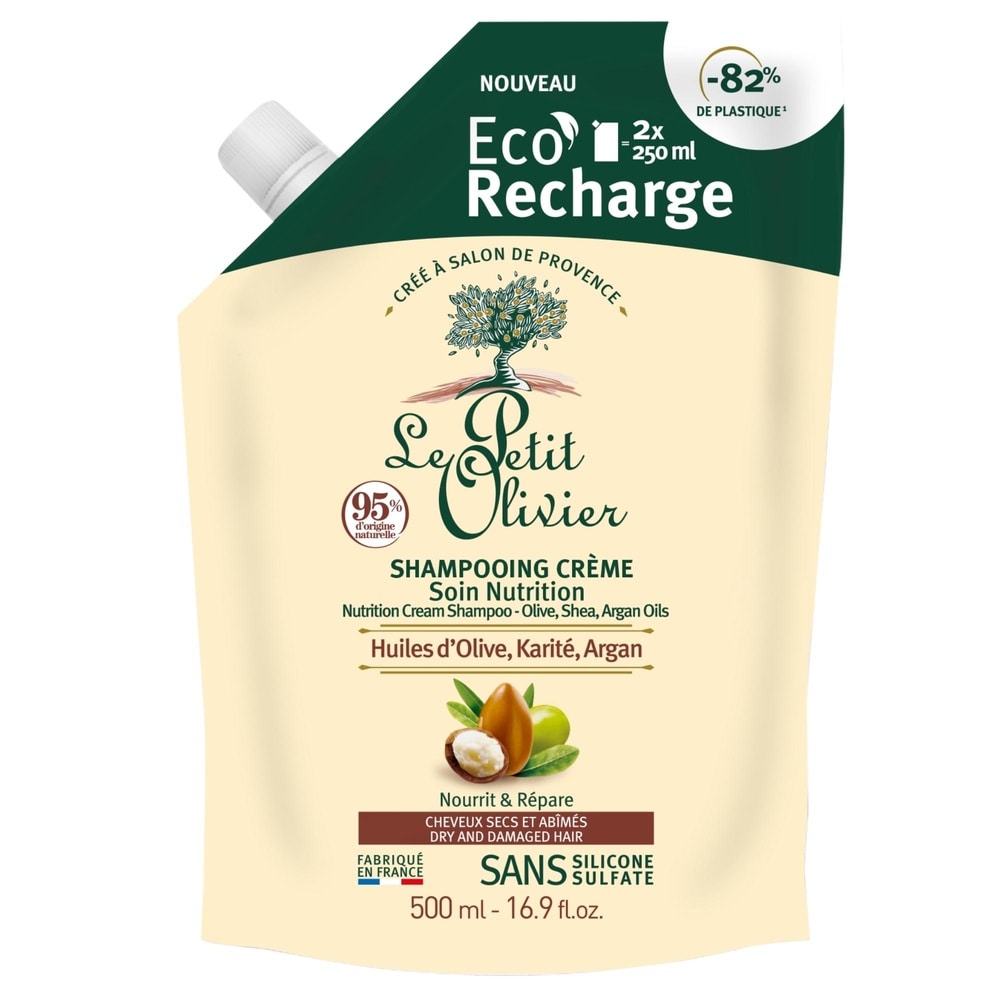 le petit olivier Eco-Recharge Shampooing Crème Soin Nutrition Huiles d'Olive, Karité, Argan Shampooing - Cheveux Secs ou Abîmés