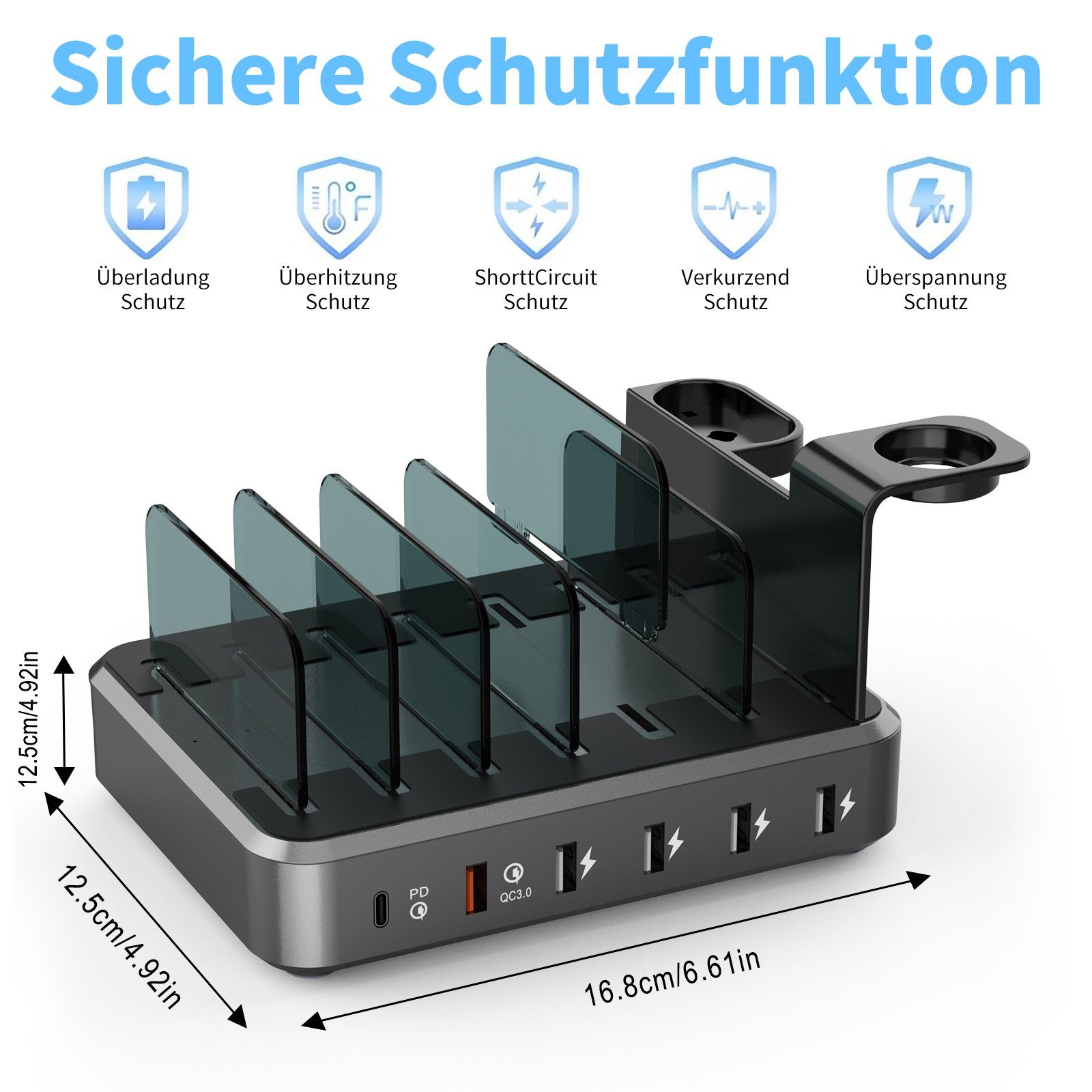 Yaviel Handy-Dockingstation Desktop Ladestation Geräte Multi Ladestation Mehrere Aufladestation, (Ladegerät USB C, Mobiltelefon Tablet Kopfhörer MP4 und andere USB-fähige Geräte), Handy Ladestation Mehrfach Ladebox mit 6 USB Ports 68W