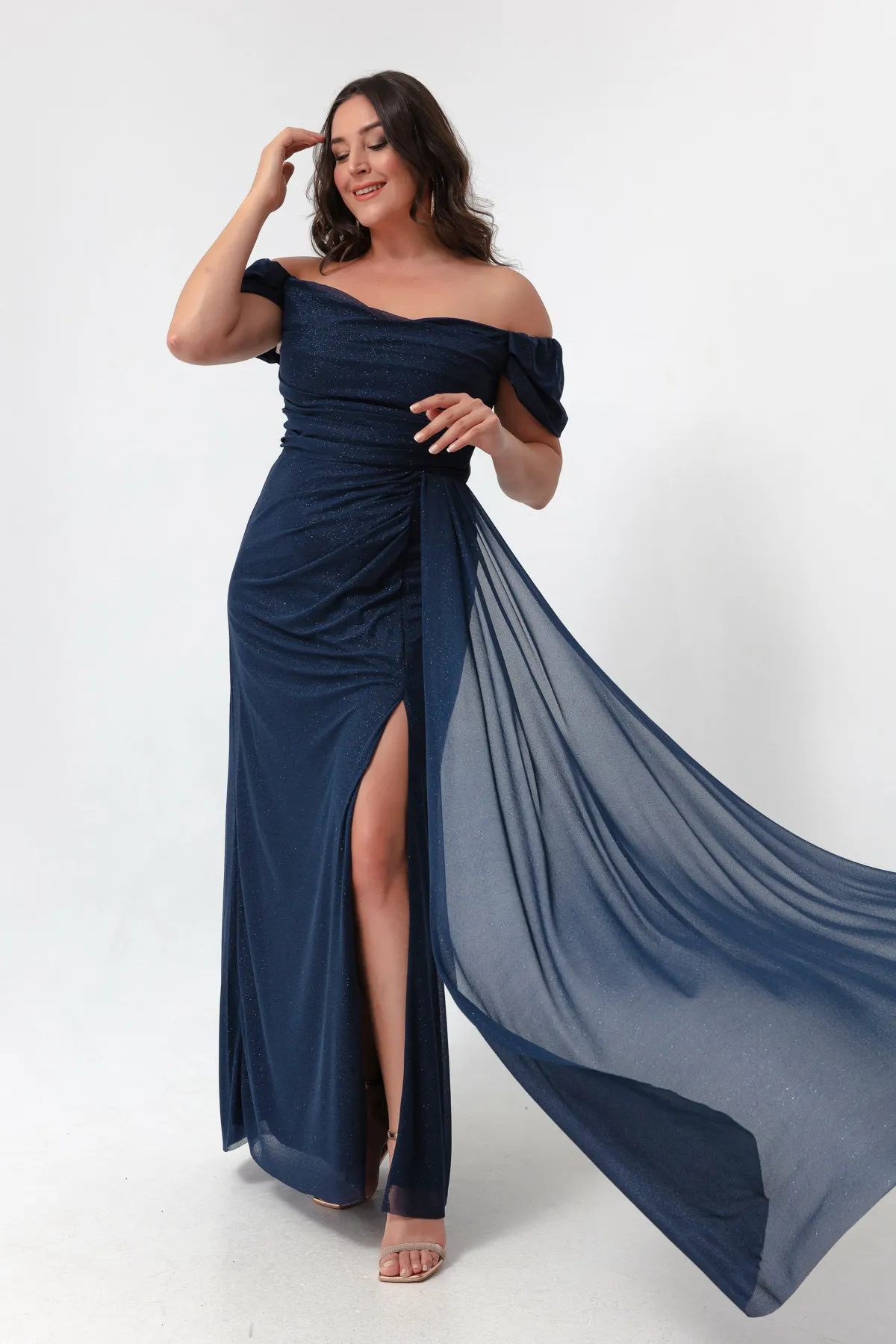 Lafaba  Damen-Abendkleid in Marineblau mit U-Boot-Ausschnitt, drapiertem Schlitz, langes Glitzer-Abendkleid