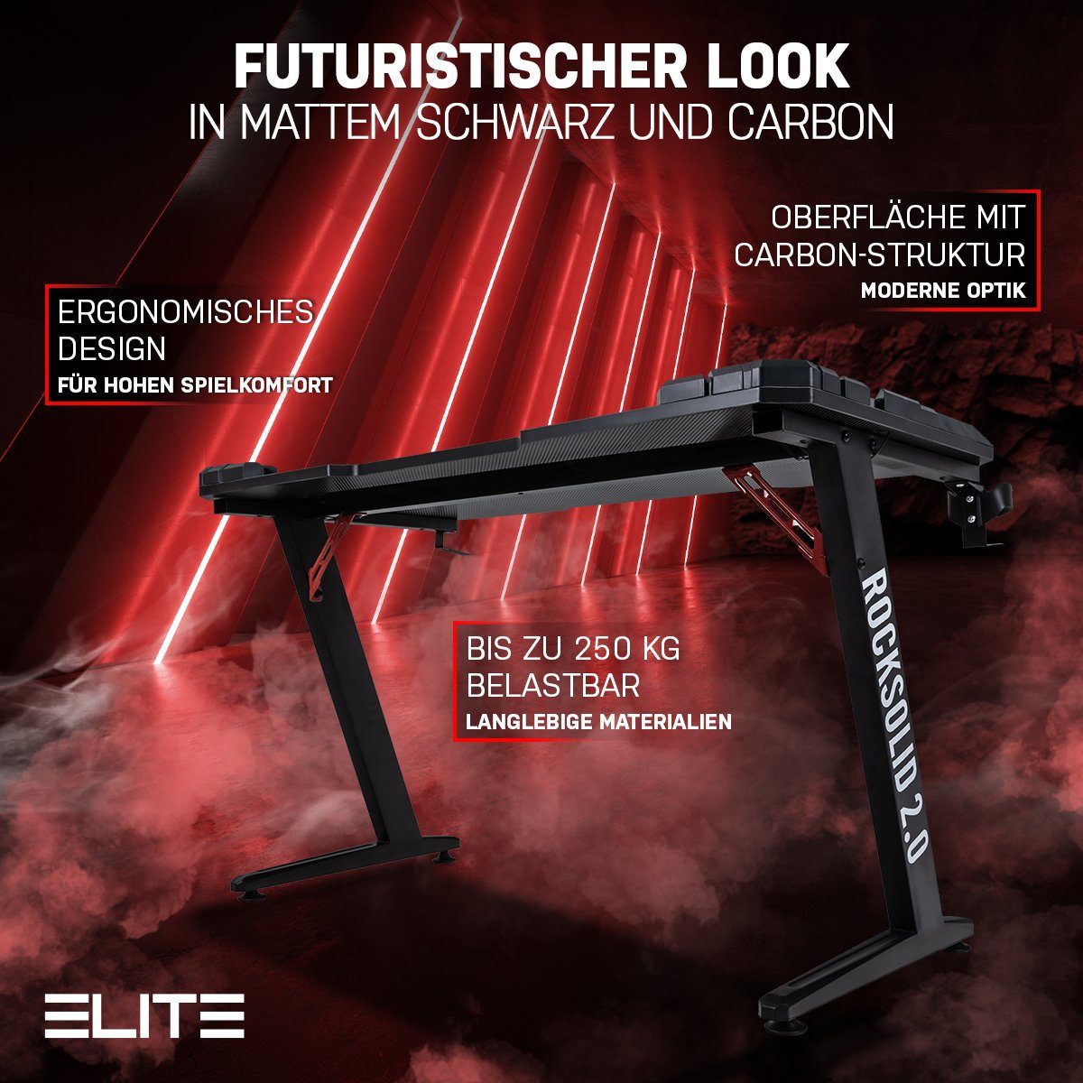 ELITE Gaming Gamingtisch Elite Gamer-Schreibtisch Rocksolid, RGB-LED (Jugendschreibtisch inkl. Getränke-, Headset- und Controller-Spiele-Halterung, 2-St., Schreibtisch, verstellbare Standfüße, Kabelkanal, ergonomisches Design), Gamingtisch inkl. Fern