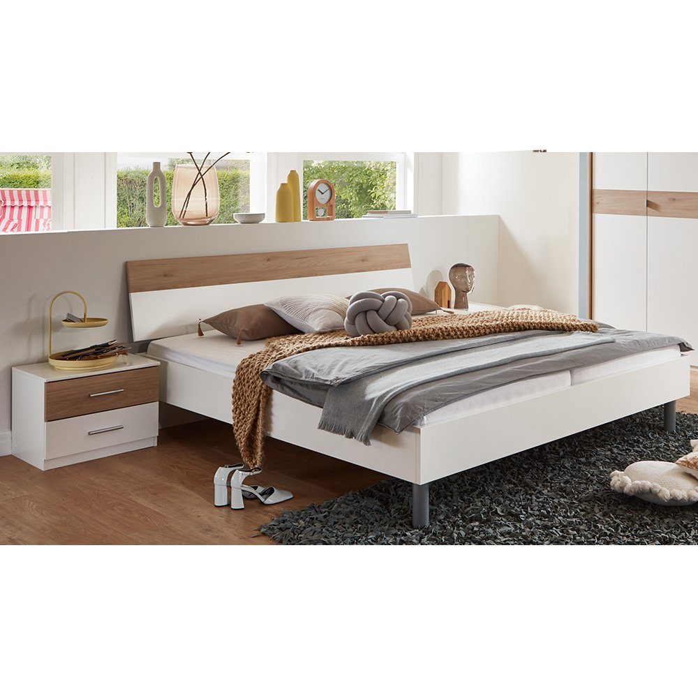Lomadox Schlafzimmer-Set BRADFORD-43, (Spar-Set, 3-St), Bett 180x200cm, 2 Nachtschränke, weiß mit Eiche
