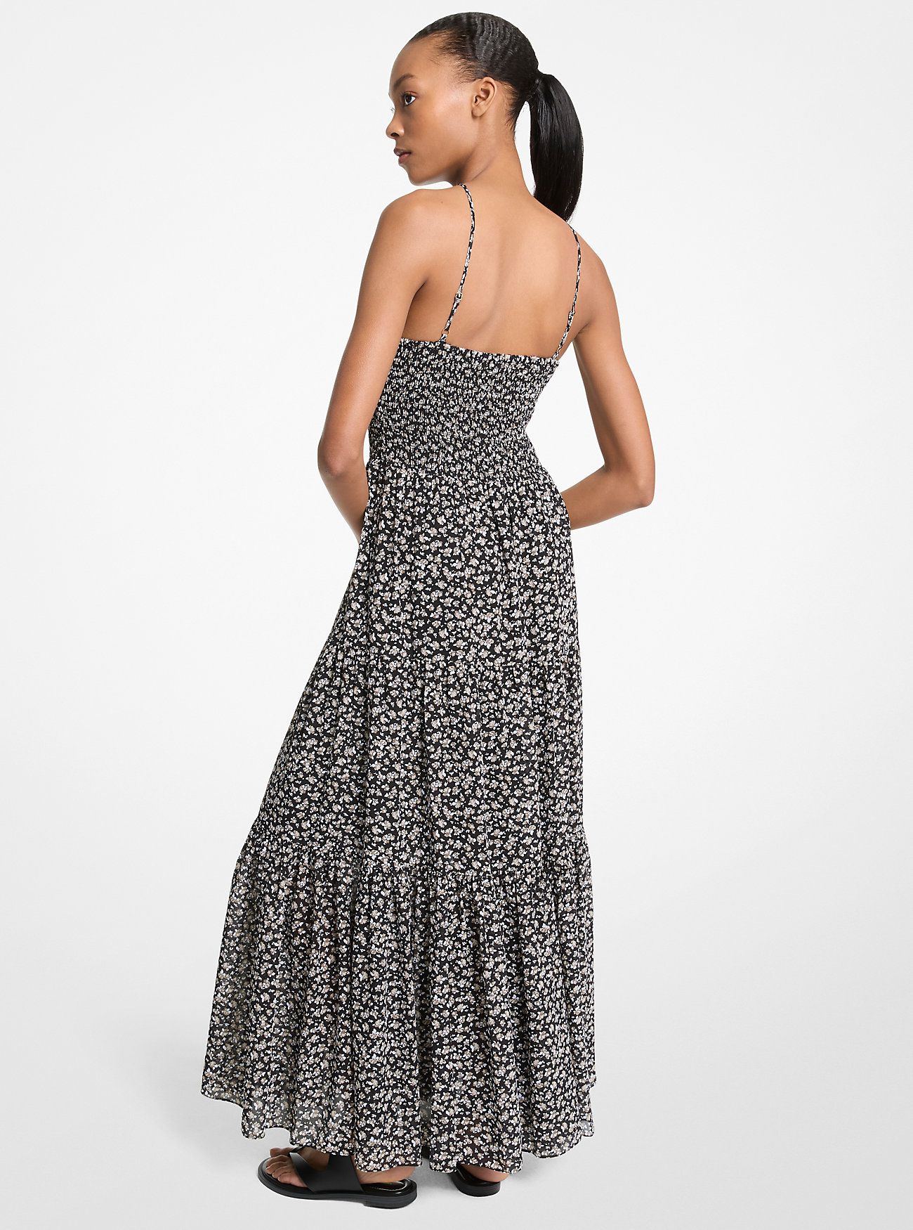 Floral Print Smocked Halter Maxi Dress - TAUPE