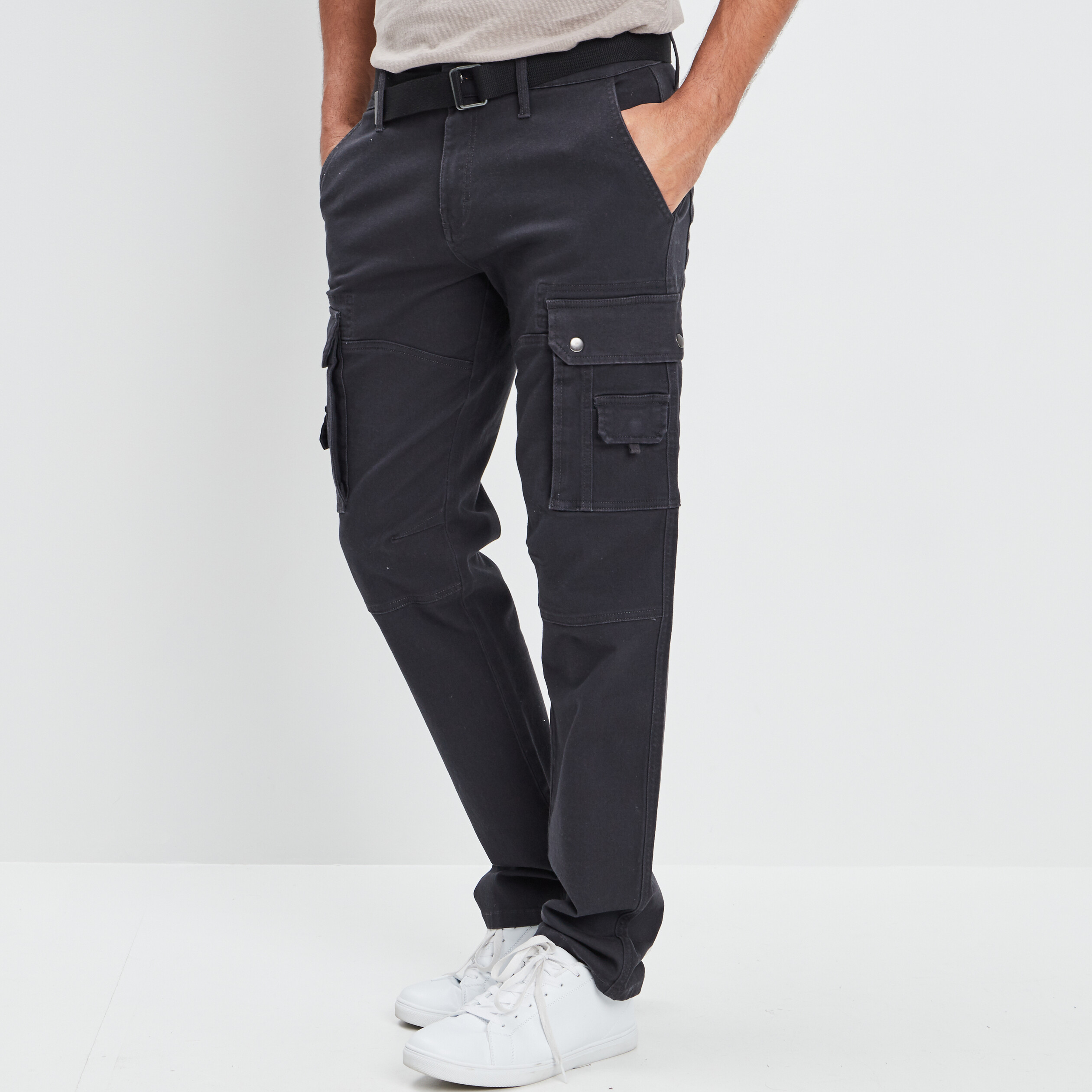 Pantalon cargo regular ceinturé gris foncé homme | La Halle