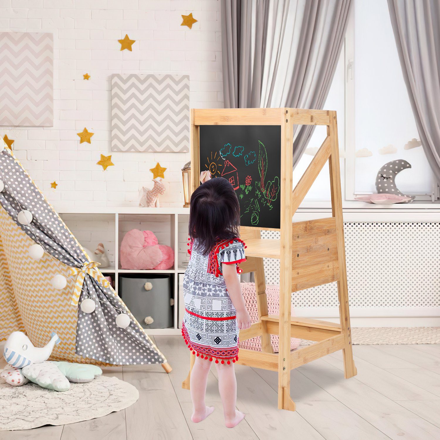 Yakimz Stehhilfe Lernturm für Baby Kindertisch Tritthocker mit Tafel Küchenhelfer