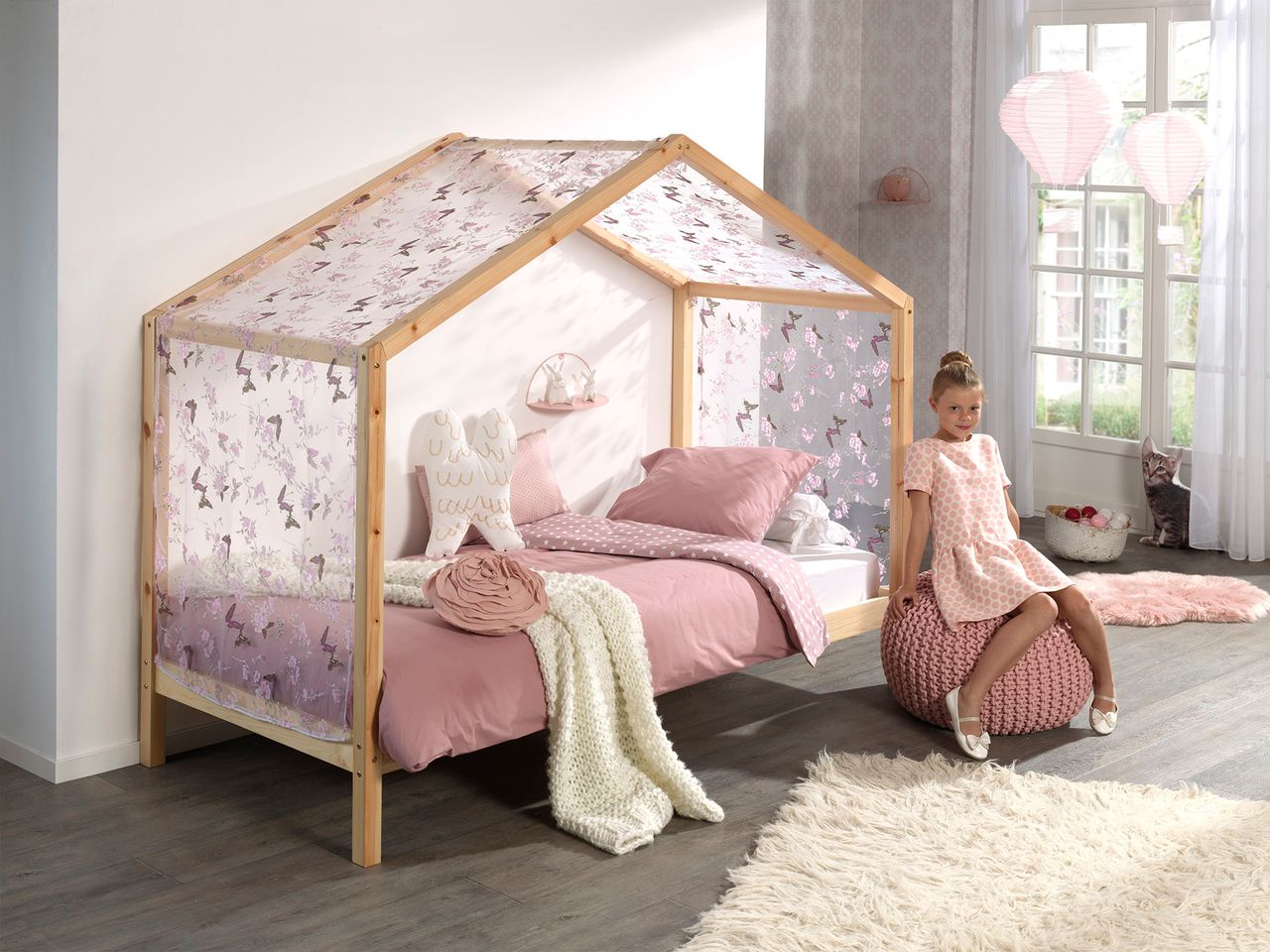 VIPACK Dallas 3 Hausbett 90 x 200 cm Liegefläche inkl. Textilhimmel, Natur