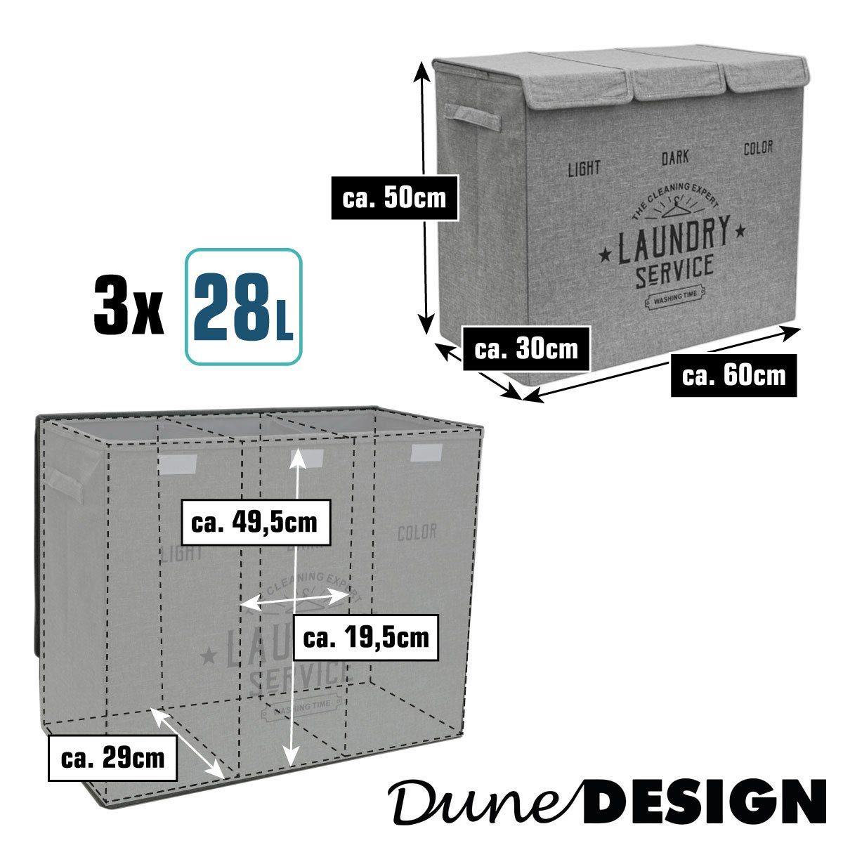 DuneDesign Wäschekorb 3 Fächer Wäschekorb mit Deckel 84L Wäschesammler, Faltbar - 60x30x50 Wäschebox