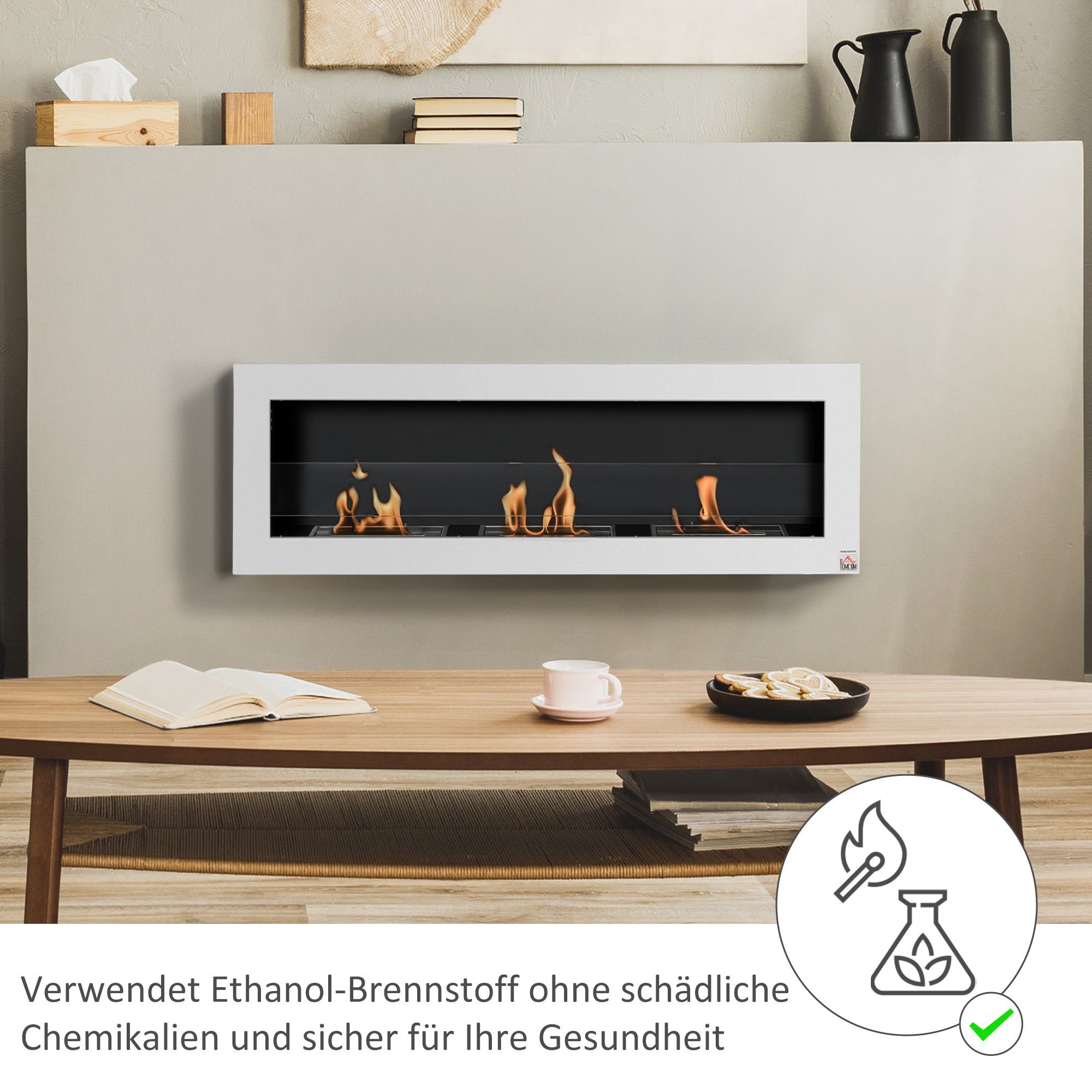 HOMCOM Echtfeuer-Dekokamin Alkohol-Kamin, Ethanol-Kamin Bio-Ethanol-Brenner 3 Brennboxen 3 Std. Brenndauer Weiß