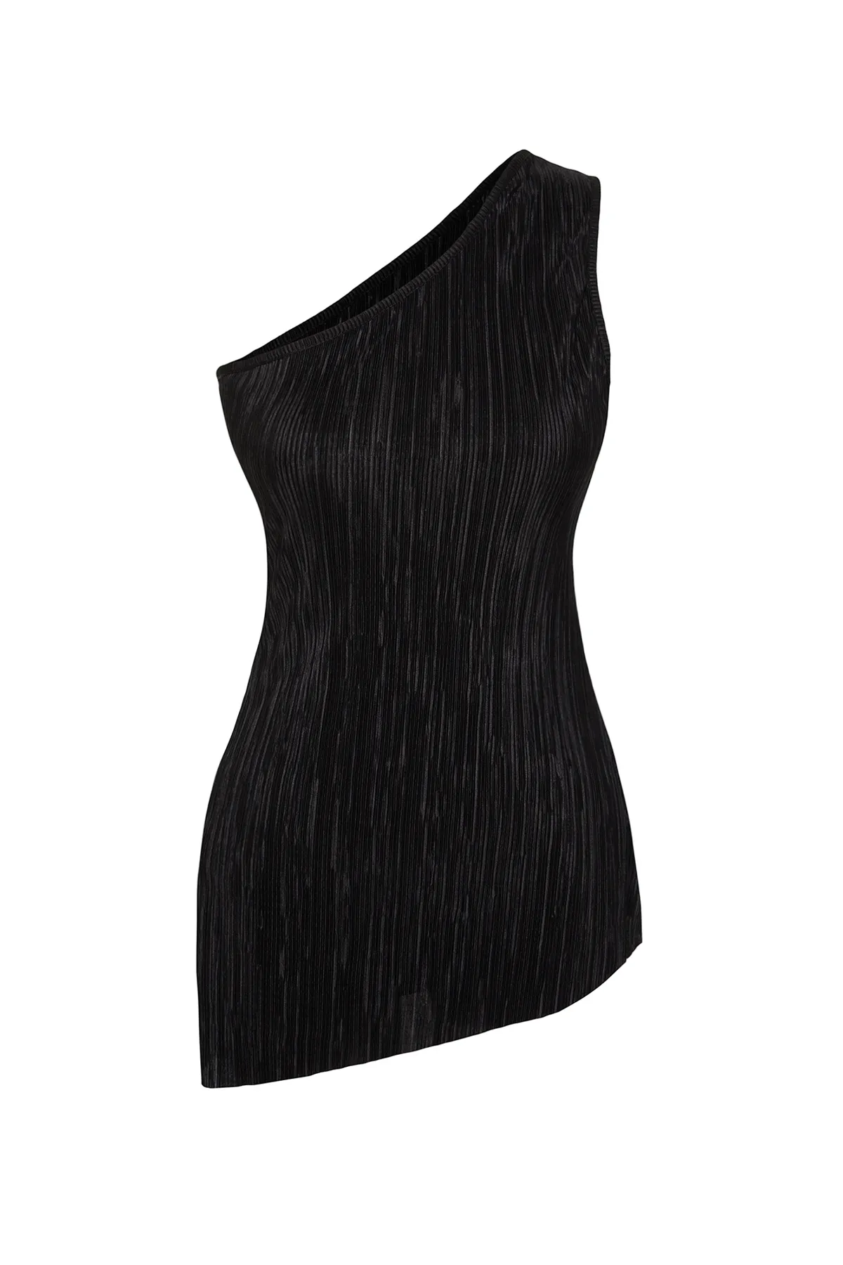 Trendyol Collection  Schwarze plissierte Stretch-Strickbluse mit asymmetrischem Kragen TWOSS24BZ00318