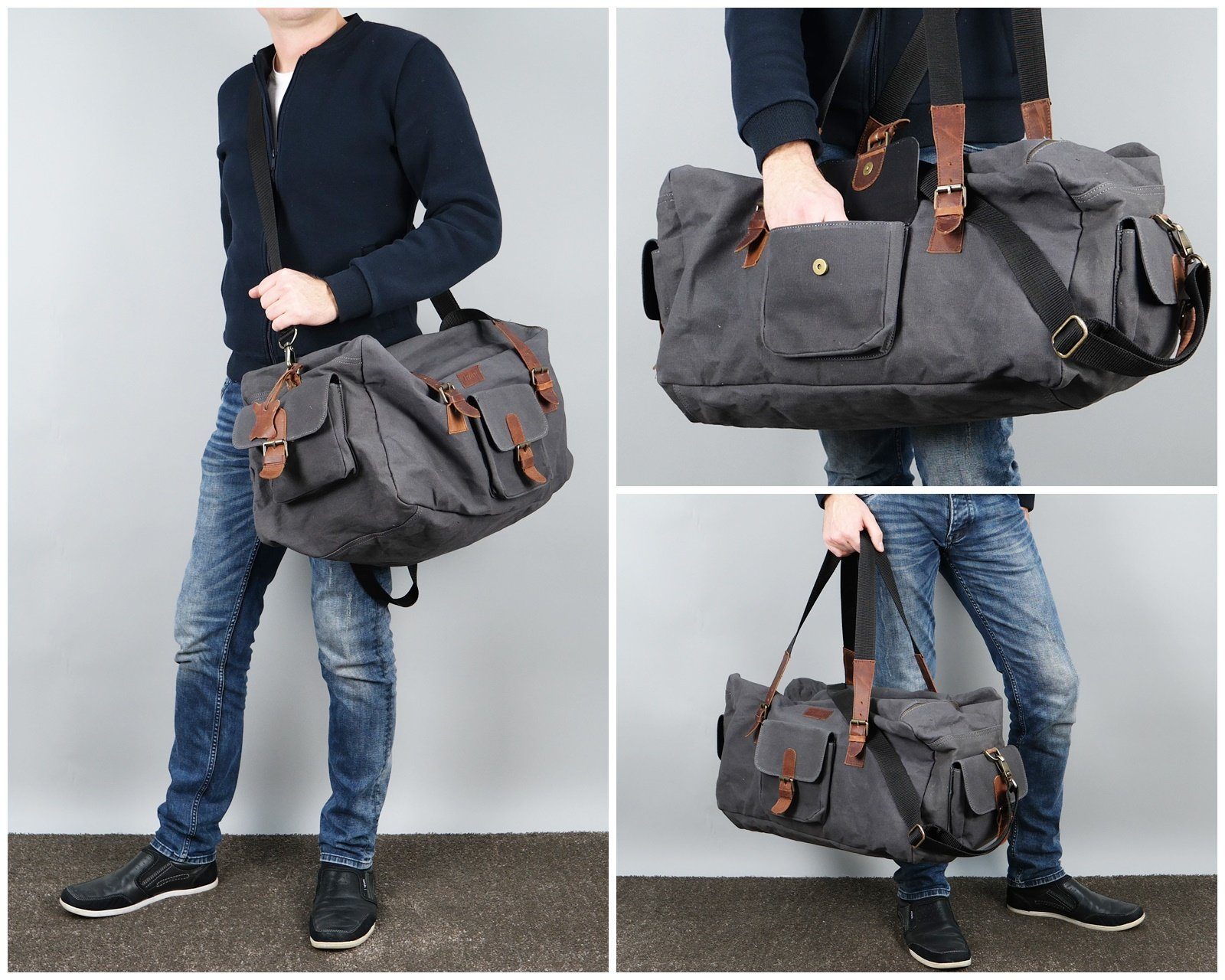 LECONI Weekender Reisetasche Sporttasche Damen Herren Leder Canvas LE2019
