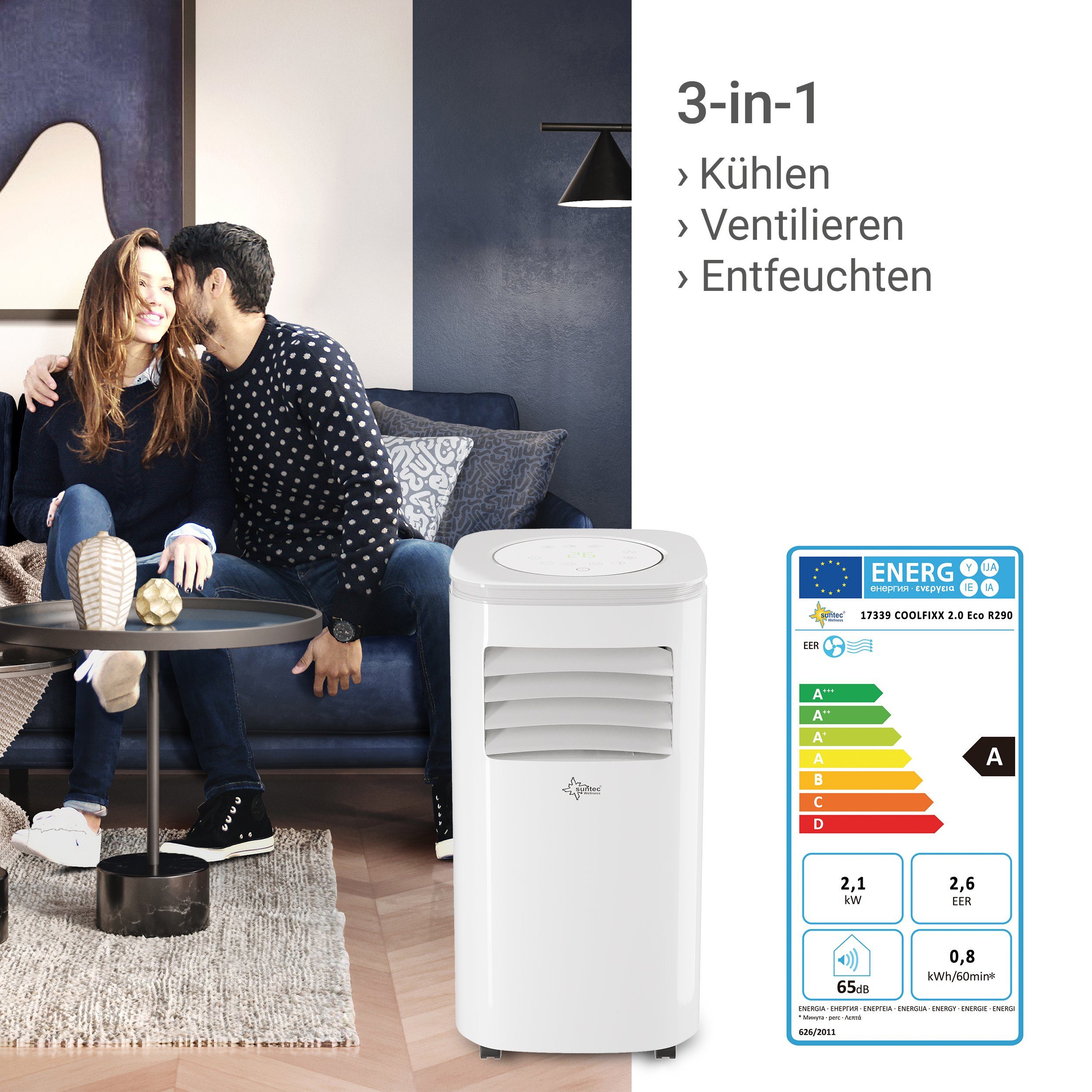 Suntec Wellness 3-in-1-Klimagerät Freeze 9.000, Mobile Klimaanlage für Räume bis 80 m³, Kühler & Entfeuchter