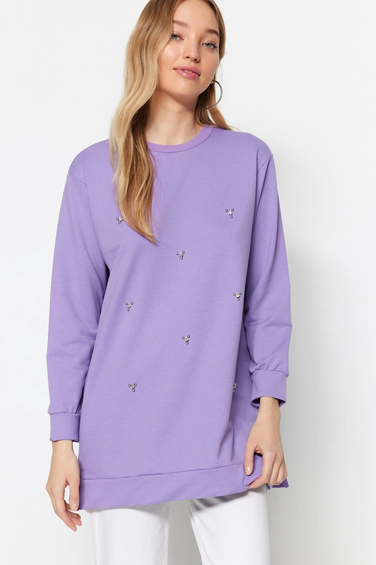 Trendyol Modest  Lila Stricktunika mit Rundhalsausschnitt und Steindetail TCTSS22TN0072