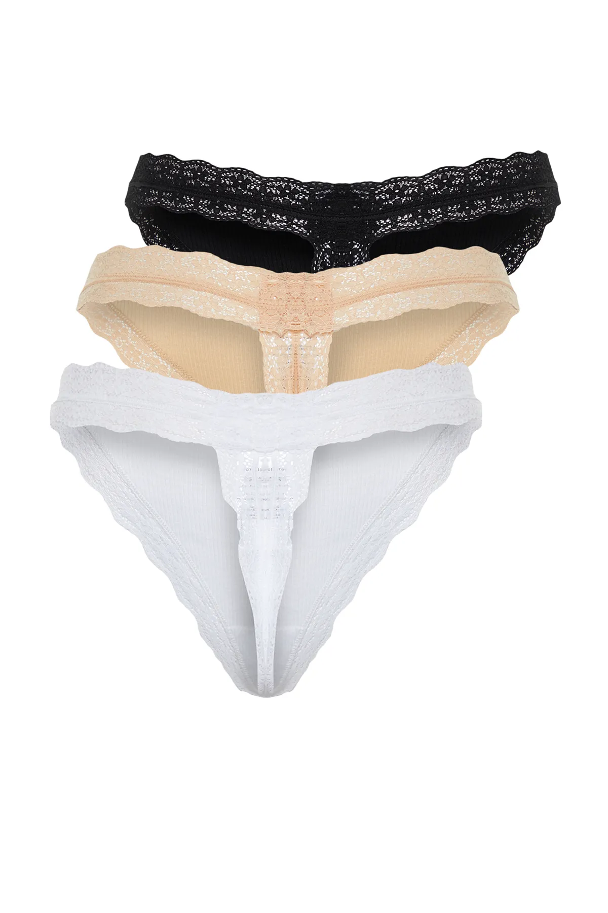 Trendyol Collection  Schwarz-Weiß-Haut 3er-Pack gestrickte Höschen aus 100 % Baumwolle mit schnurgebundener Spitze und detailliertem String THMSS24KU00004