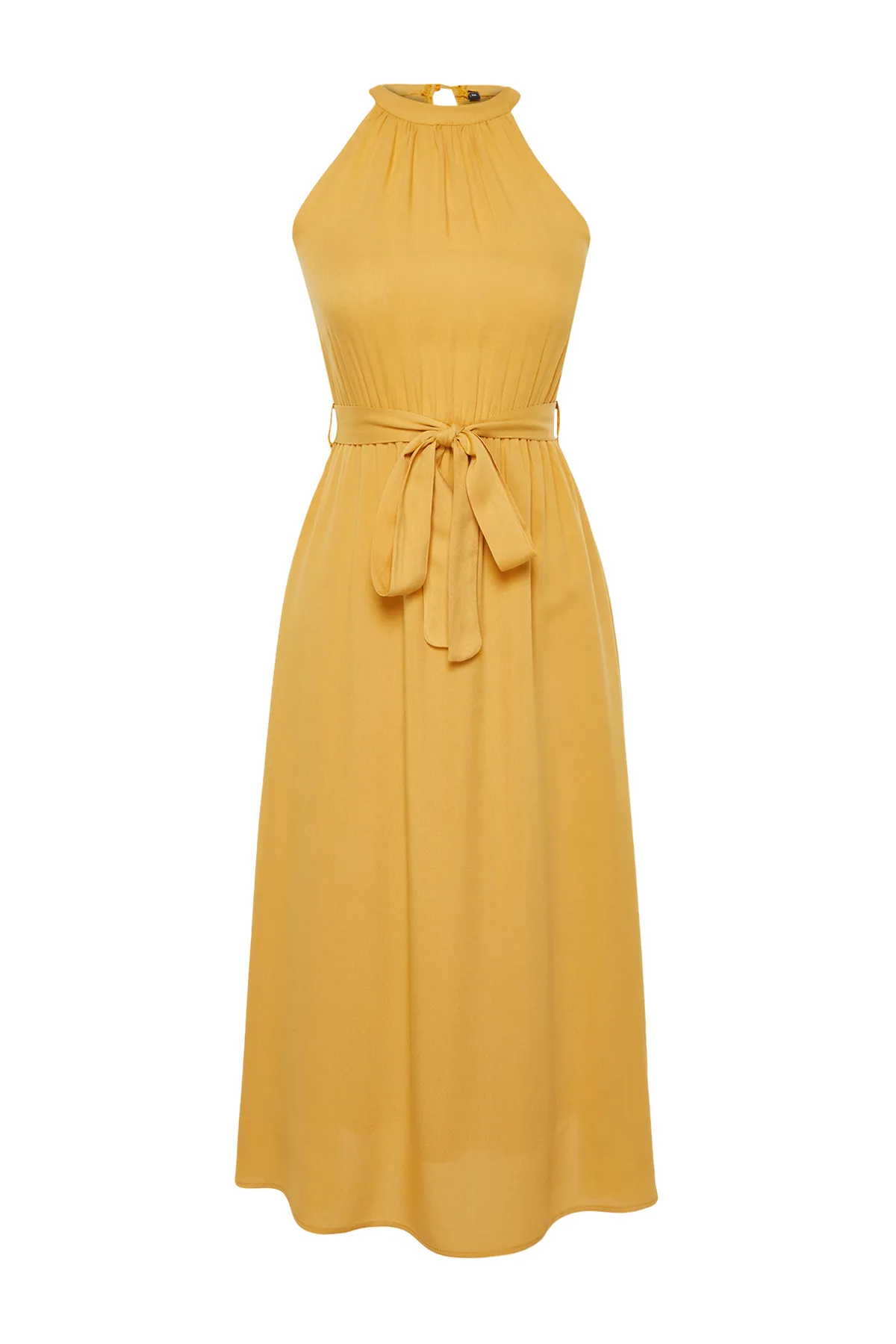Trendyol Collection  Gelbes A-Linien-Midikleid aus viskosem Webstoff mit Neckholder und Gürtel TWOSS19EL0155