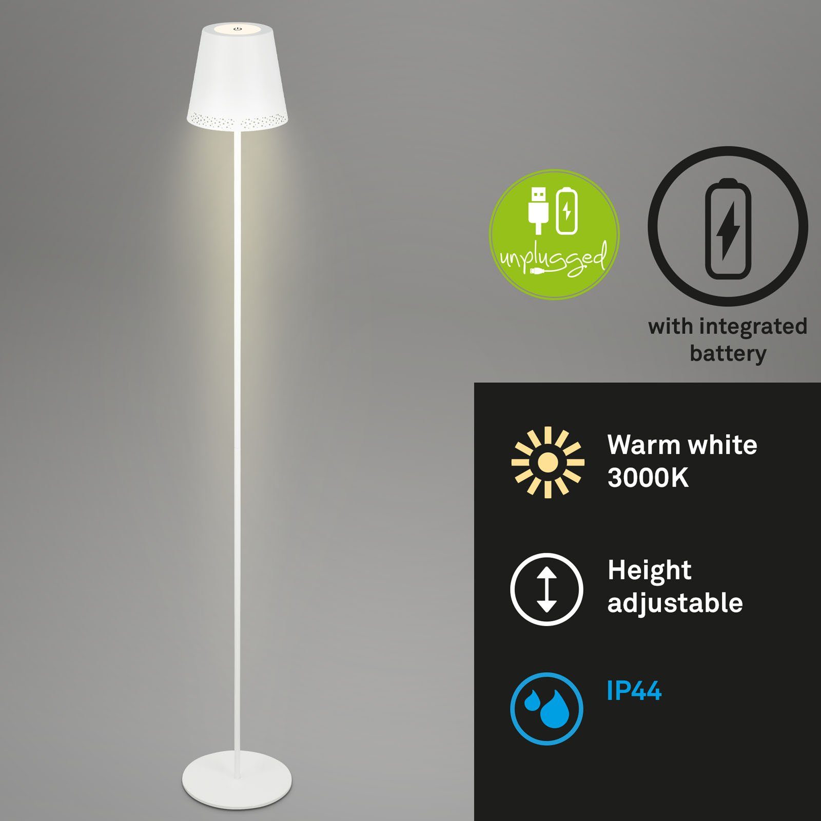 Briloner Leuchten LED Außen-Stehlampe 1438016, LED fest verbaut, Warmweiß, Akku, höhenverstellbar, USB-C, warmweiß, IP44, schwarz, 38-130 cm