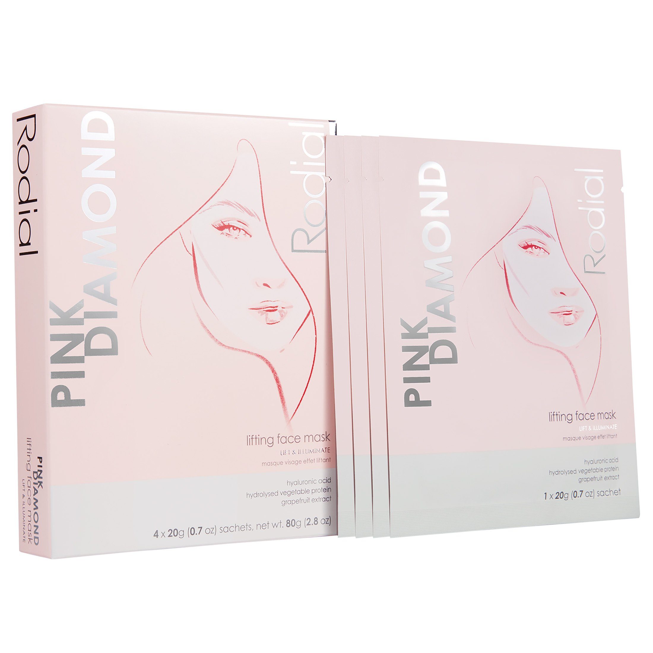 Rodial Gesichtsmaske Rodial Gesichtsmaske Pink Diamond Lifting Mask Vliesmaske mit Glycerin, Grapefruitextrakt und Diamantpuder, feuchtigkeitsspendend, ausgleichend und hautverbessernd, Box mit vier Einzelanwendungen., 1-tlg.