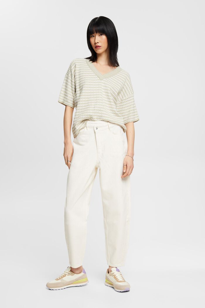 Gerippter Kurzarm-Pullover mit Streifen