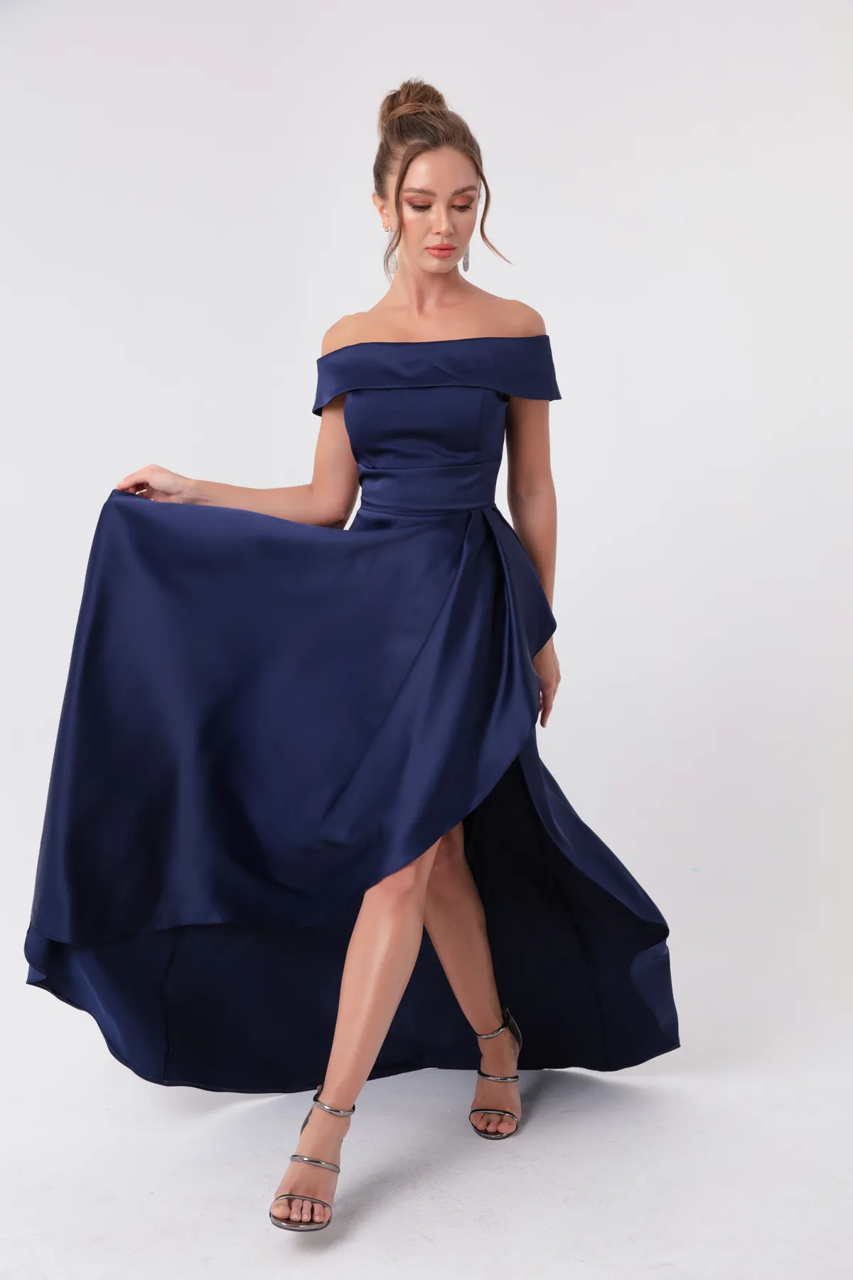 Lafaba  Marineblaues Satin-Abendkleid und Abschlusskleid mit U-Boot-Ausschnitt für Damen