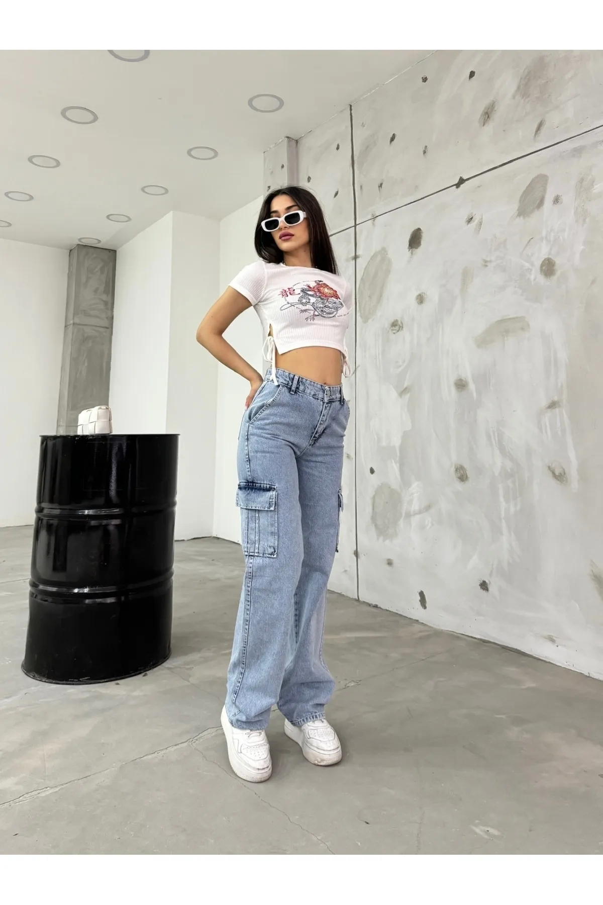 BİKELİFE  Hellblaue Cargohose mit hoher Taille und weitem Bein für Damen