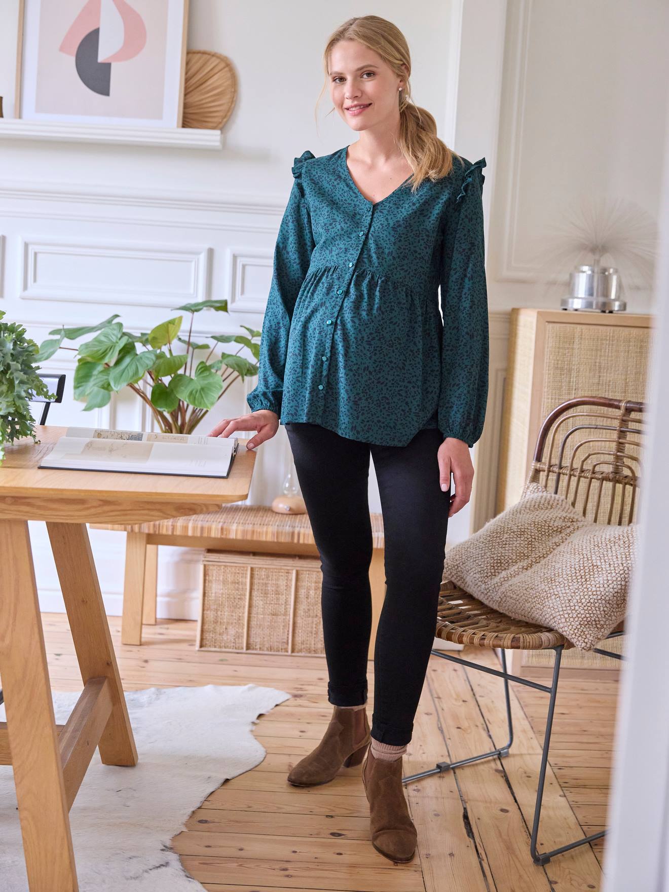 Blouse imprimée volantée grossesse et allaitement vert sapin