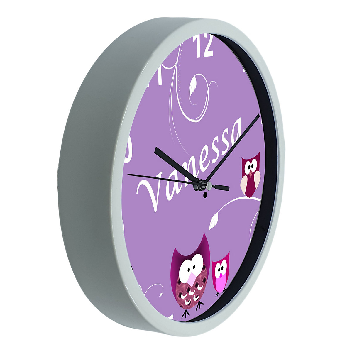 Kinder Wanduhr personalisiert mit Name Eule Lila