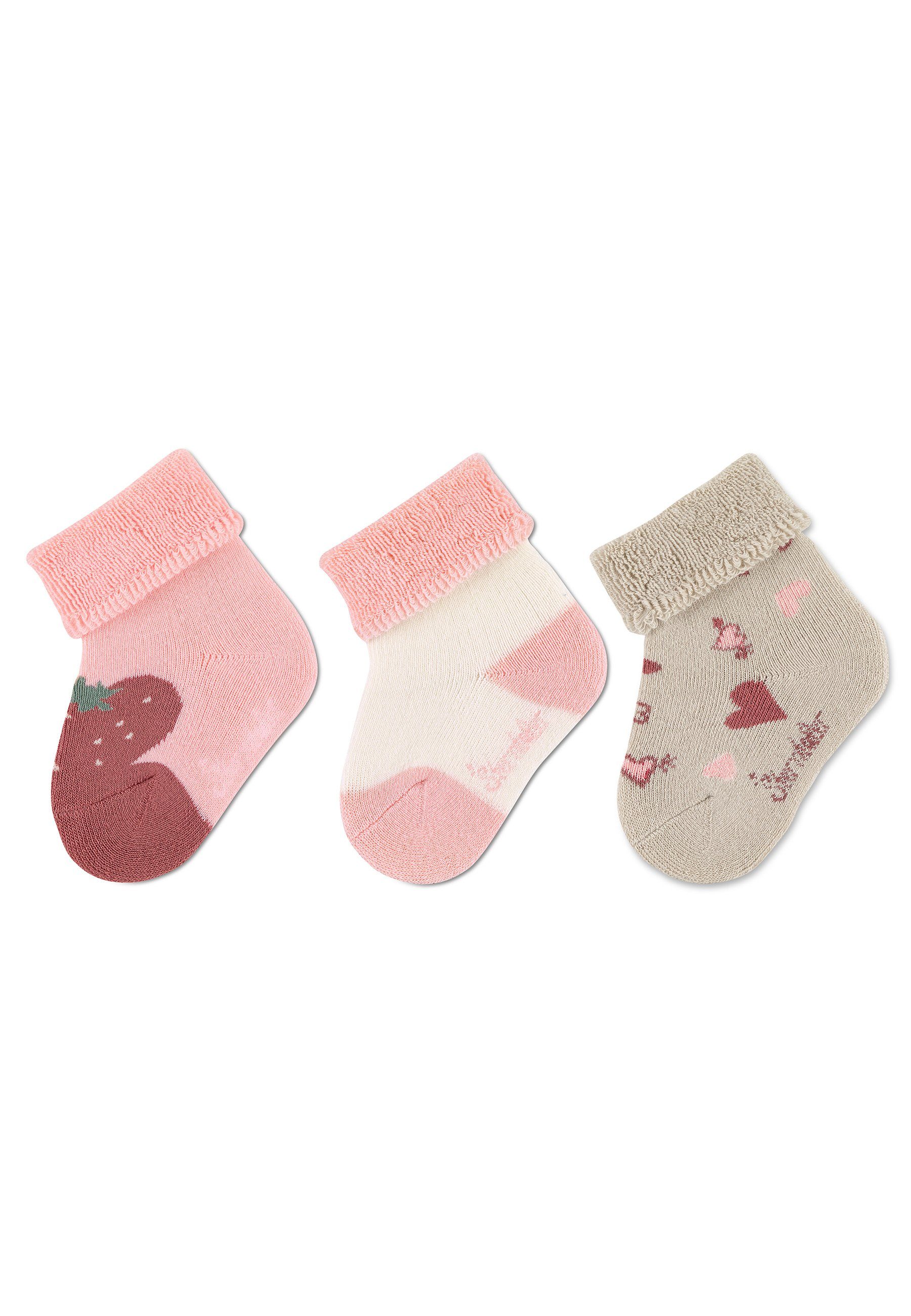 Sterntaler® Basicsocken Baby-Söckchen Erdbeere, 3er-Pack (3er Pack Söckchen mit Vollplüsch, Kindersocken gemustert) Babysocken mit süßen Motiven, Kurzsocken mit Umschlag