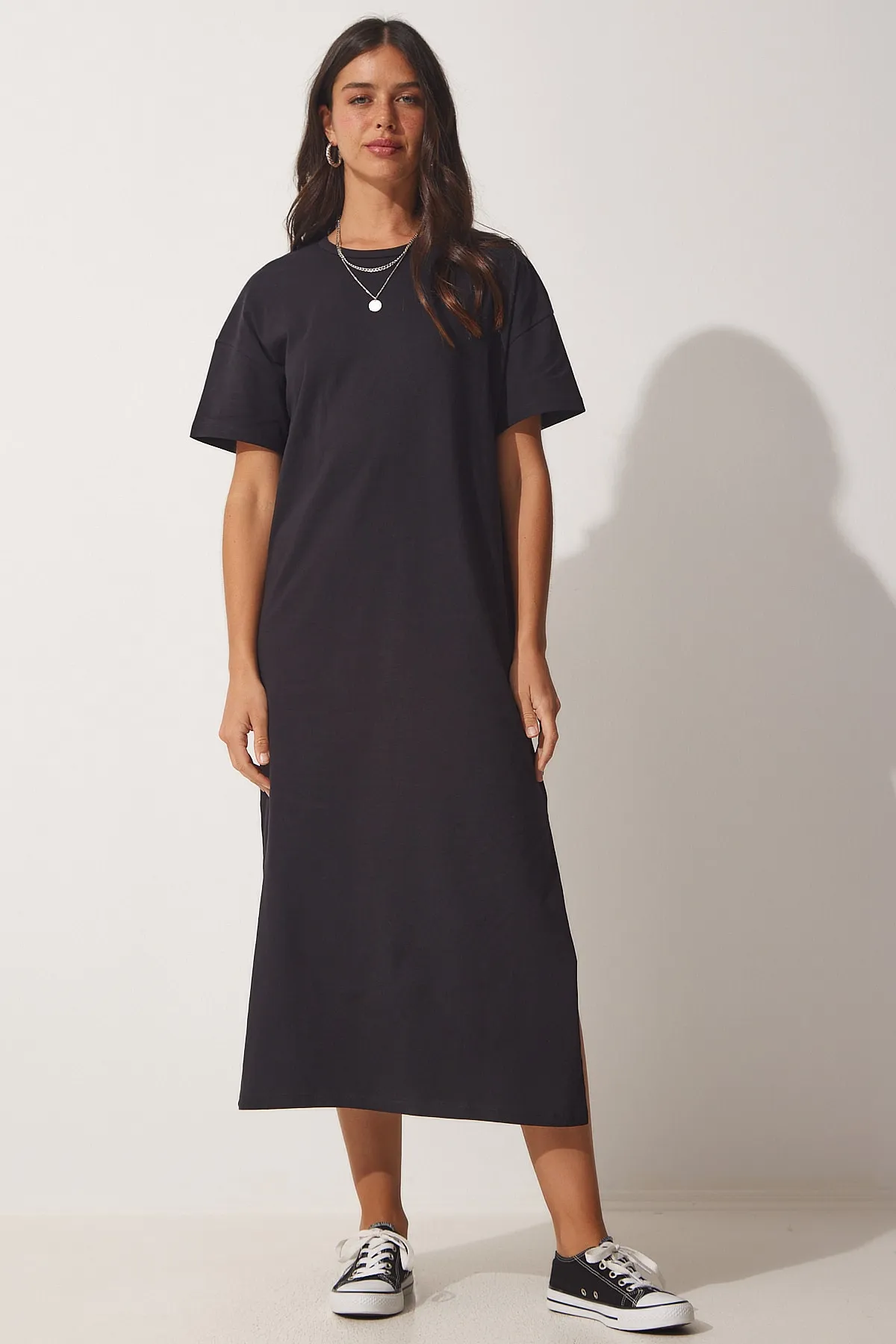 Happiness İstanbul  Damen-Sommerkleid aus gekämmter Baumwolle aus schwarzer Baumwolle UB00080