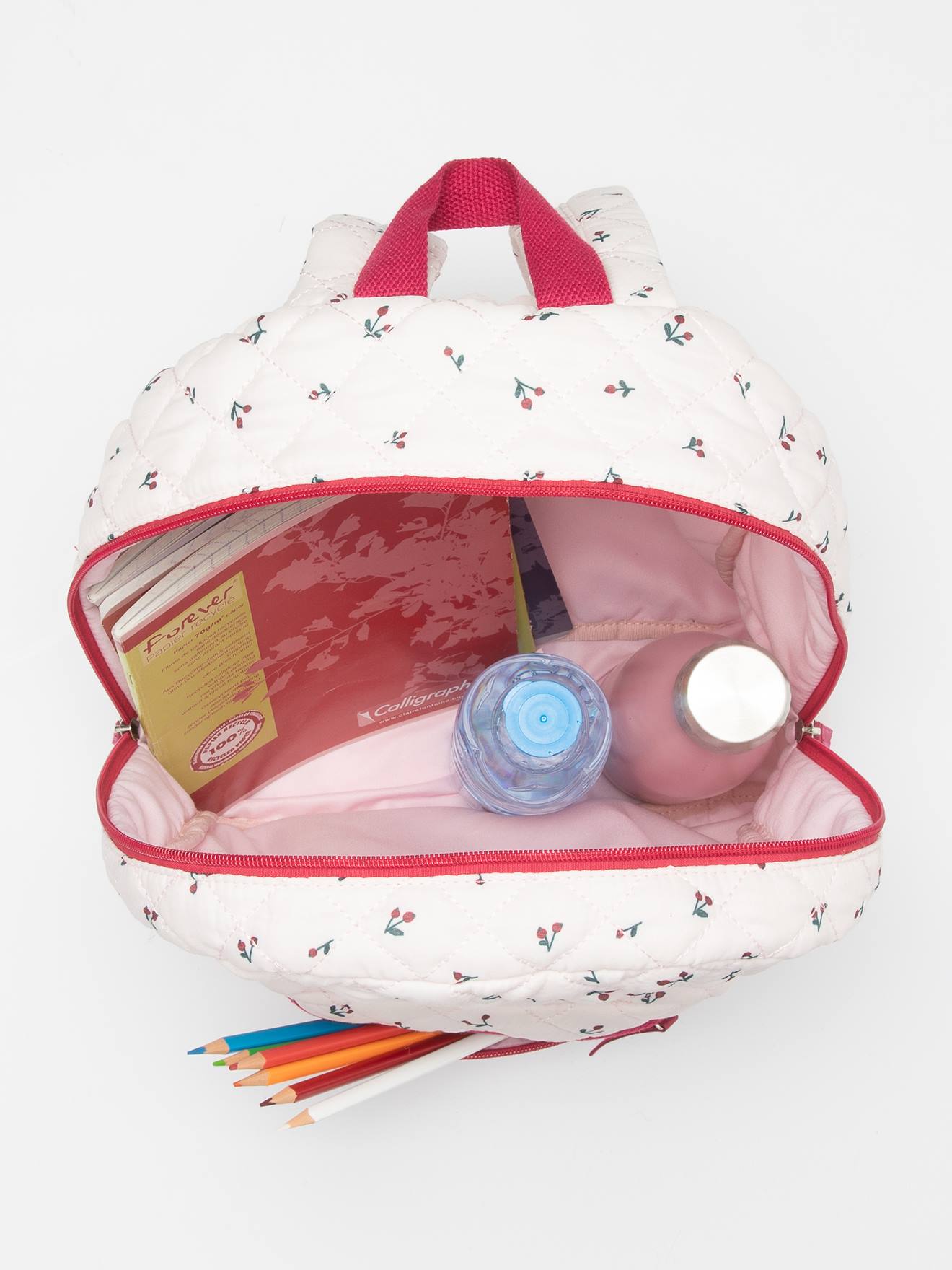 Sac à dos matelassé motifs cerises fille rose imprimé