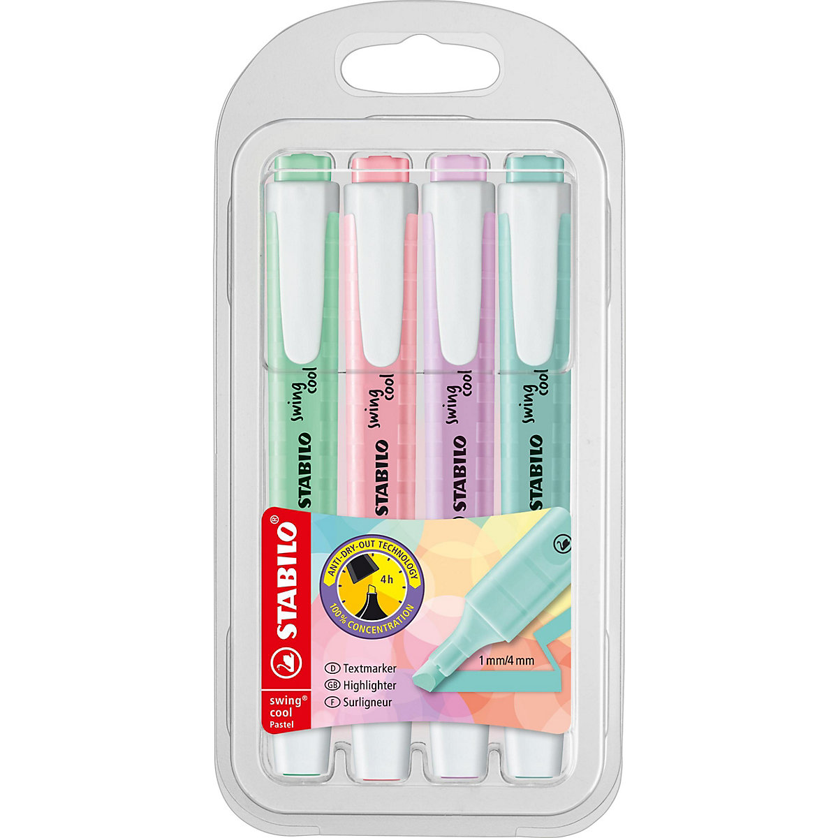 Textmarker STABILO® swing® cool Pastel Edition, Etui mit 4 Stiften