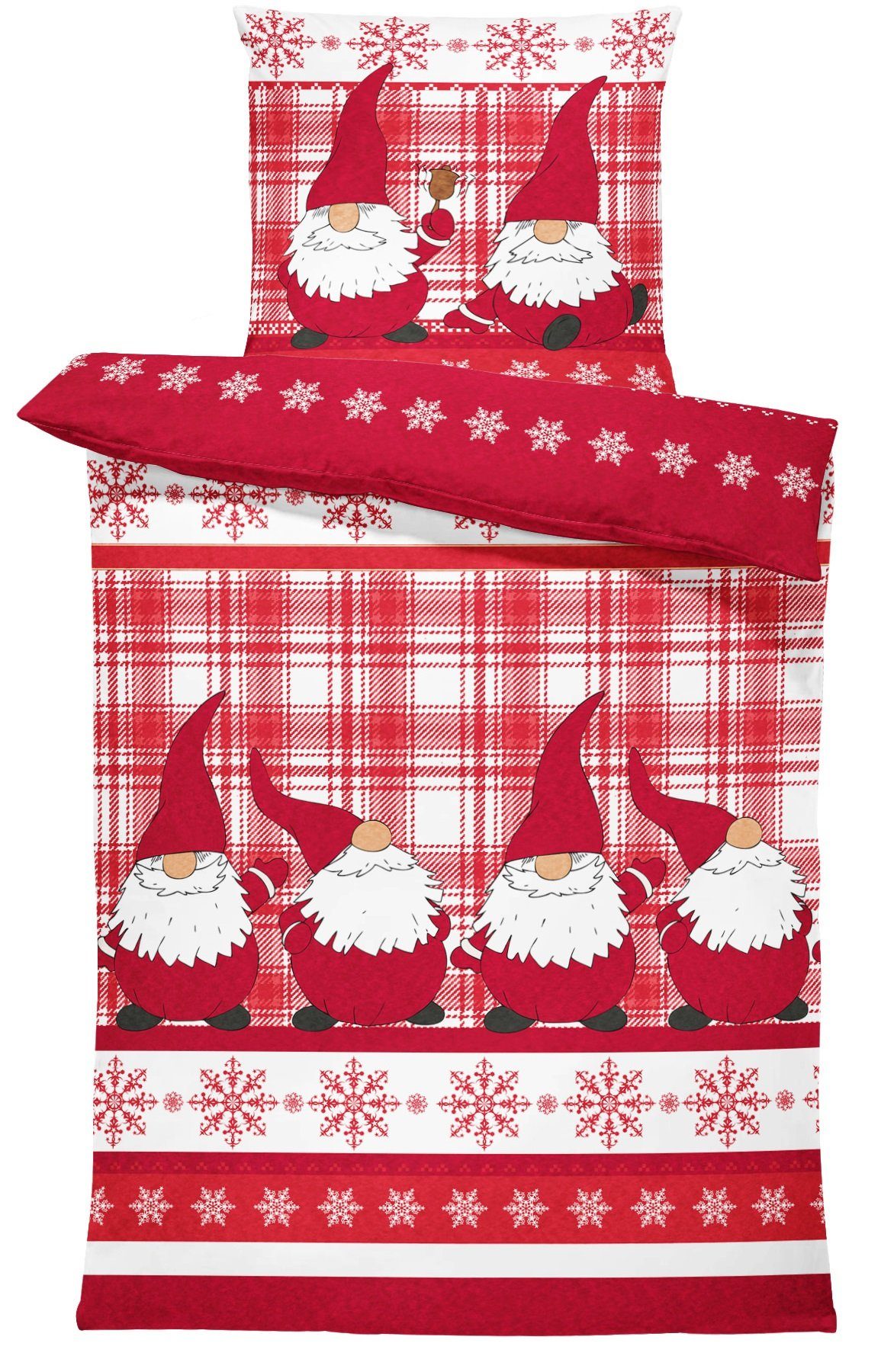 Bettwäsche Wichtel Weihnachten, One Home, Fleece, 2 teilig, Christmas kariert, kuschelig flauschig warm weich Winter Übergröße