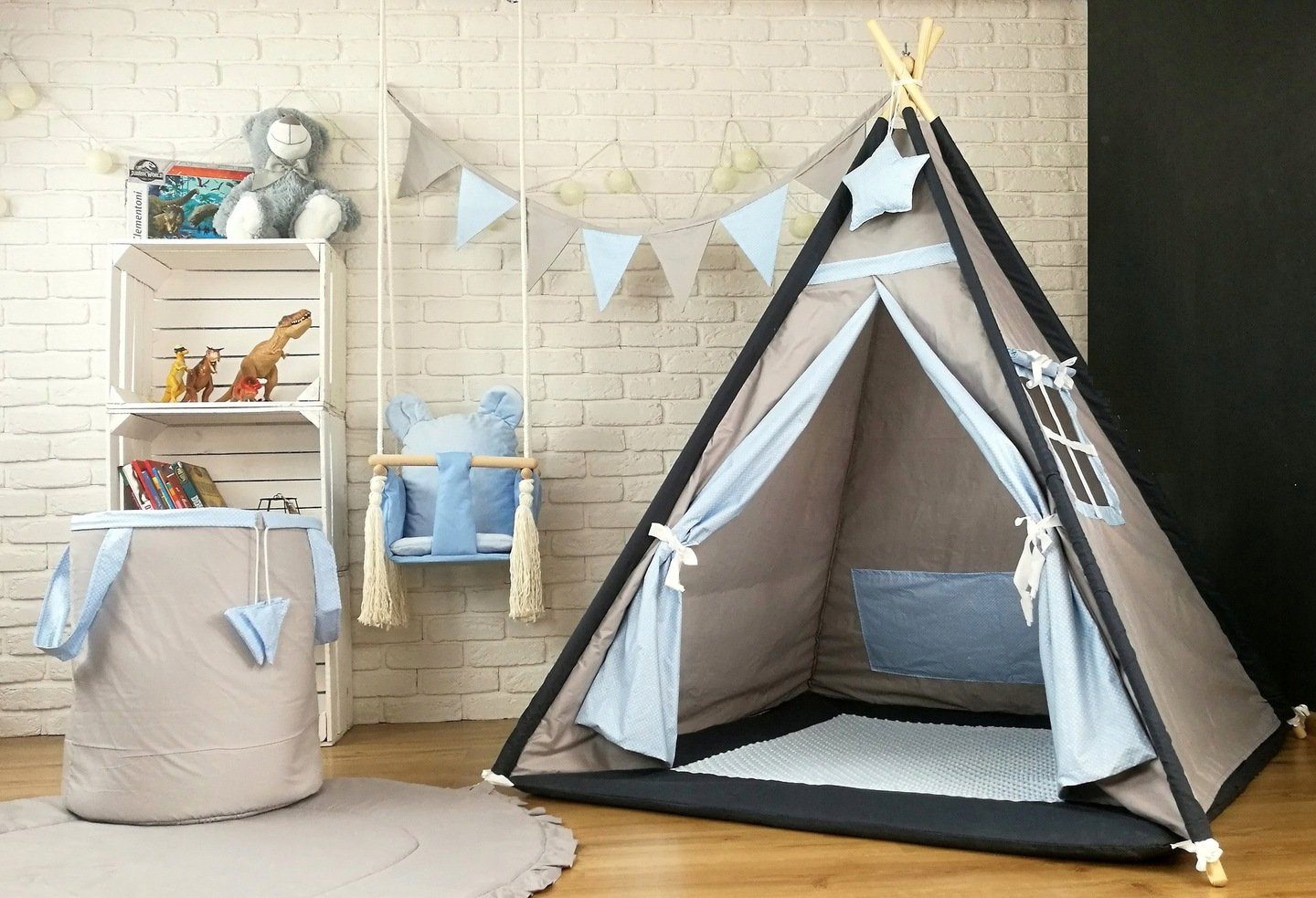 Pamek Tipi-Zelt DINO - Tipi SET mit 4 Kuscheltiere, DINOSAURIEN ZELT, Personen: 2 (7 tlg), Sehr schönes Design.