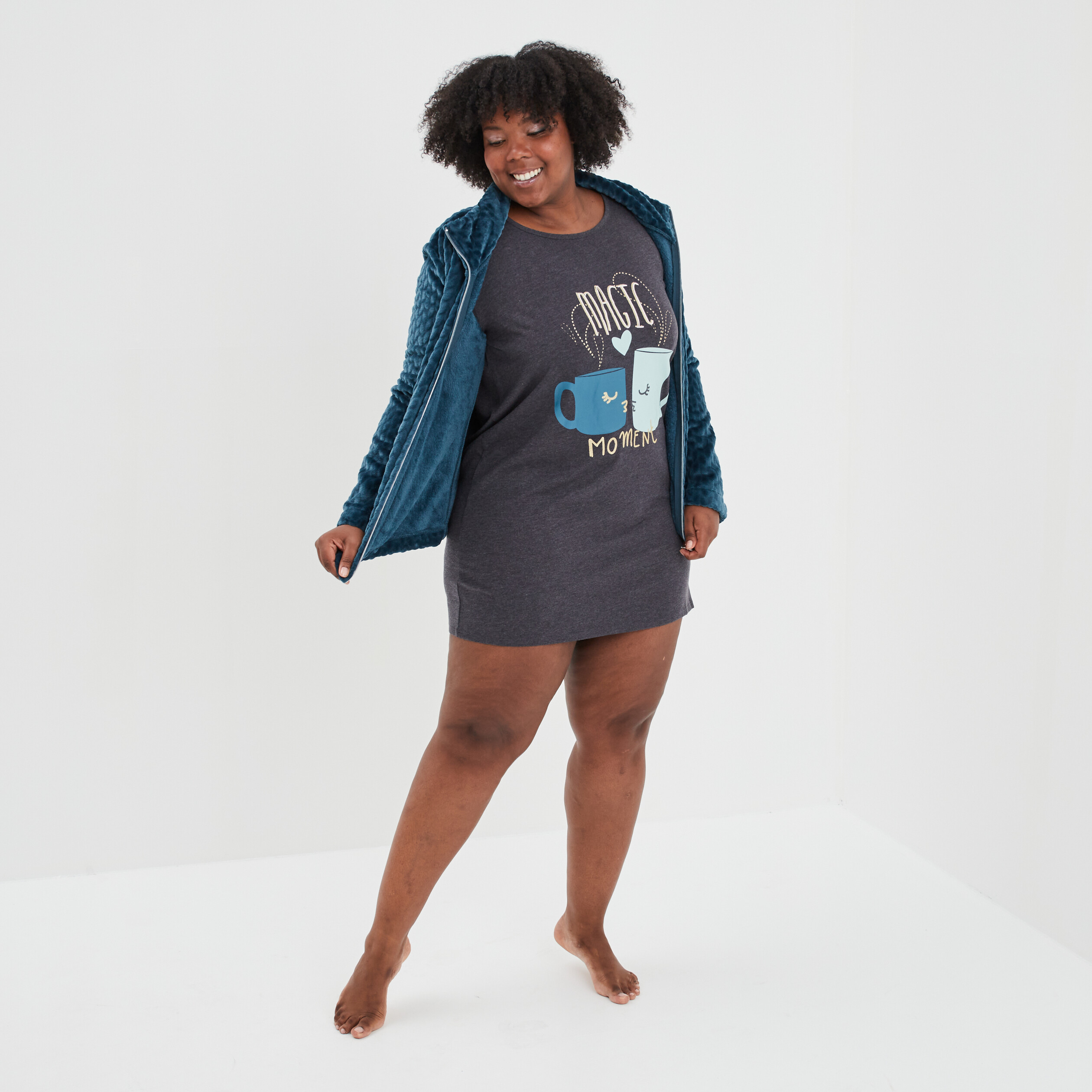 Veste pyjama pilou col montant bleu canard femme grande taille | La Halle