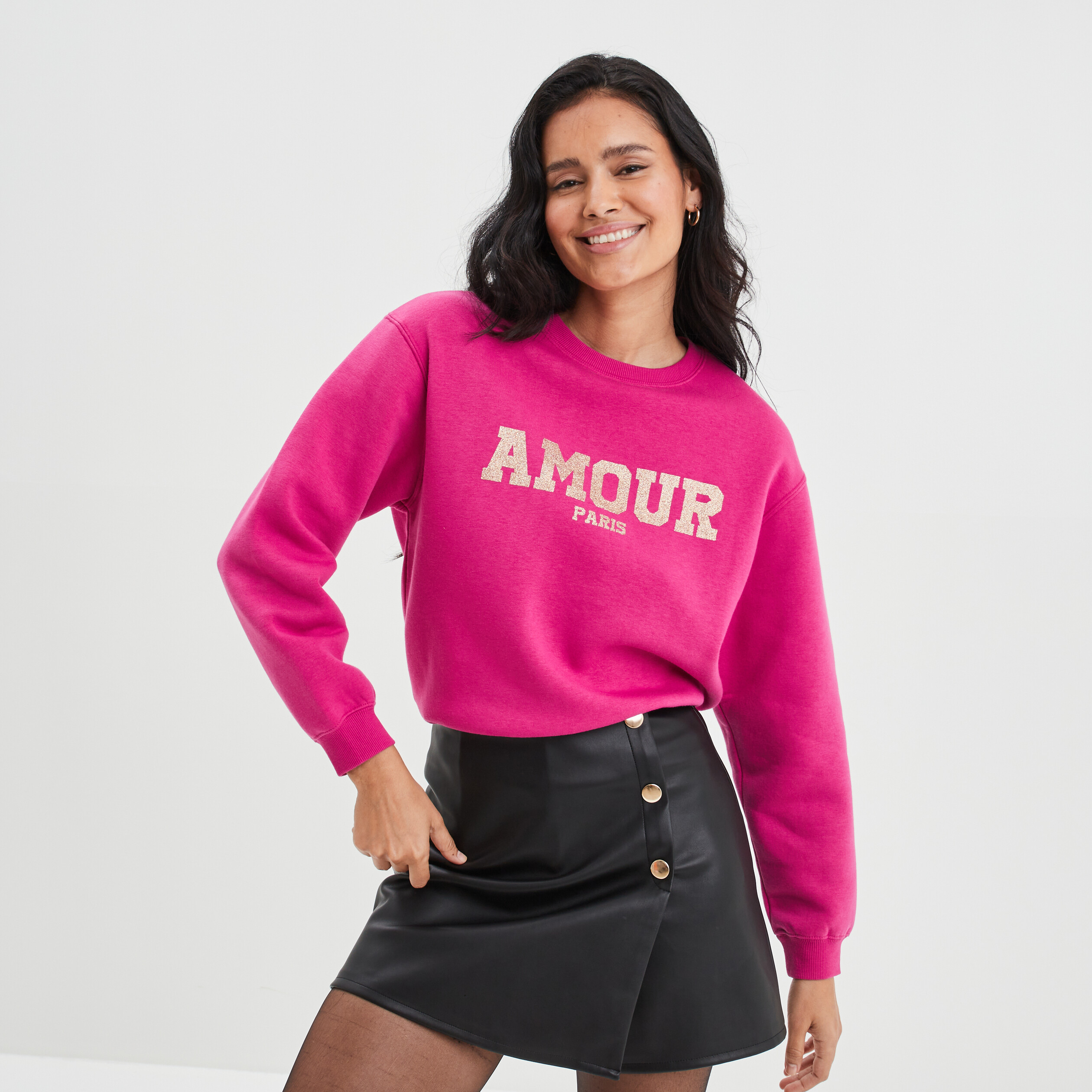 Sweat col rond à paillettes rose framboise femme | La Halle