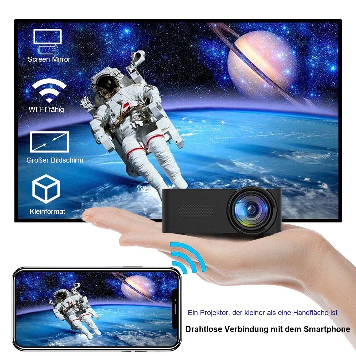 Yoyaxi Home Black Micro tragbarer Mini-Projektor LED-Beamer (Drahtlose HD-Projektion für kleine Mobiltelefone für zu Hause)