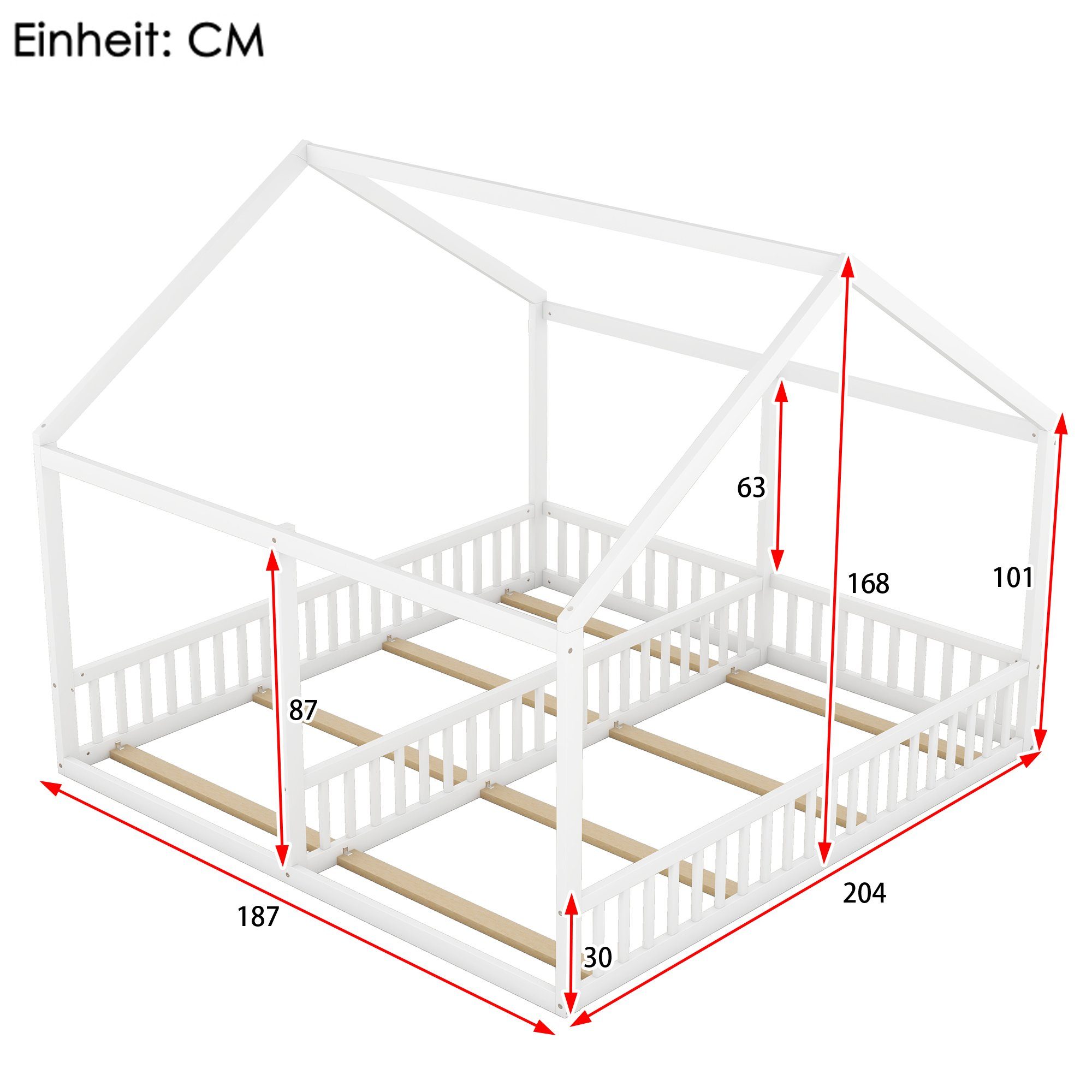 WISHDOR Kinderbett Funktionsbett Holzbett Einzelbetten, 2-in-1-Betten (flache Betten, Hausmodelle, 2-in-1-Betten), ohne Matratze