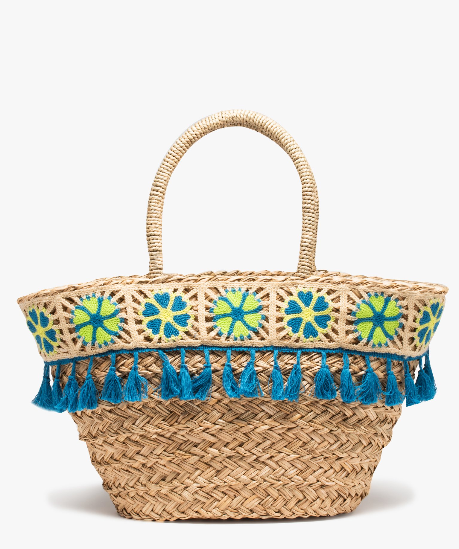 Sac de plage femme en paille avec broderies et pompons beige | GEMO