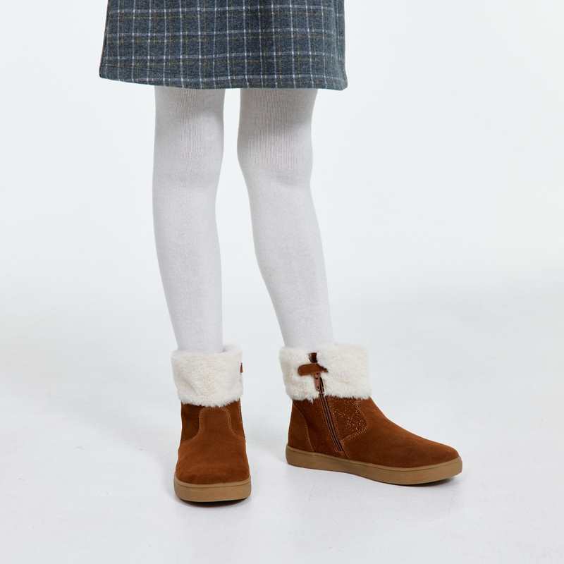 Boots croûte de cuir irisée col fourré beige fille