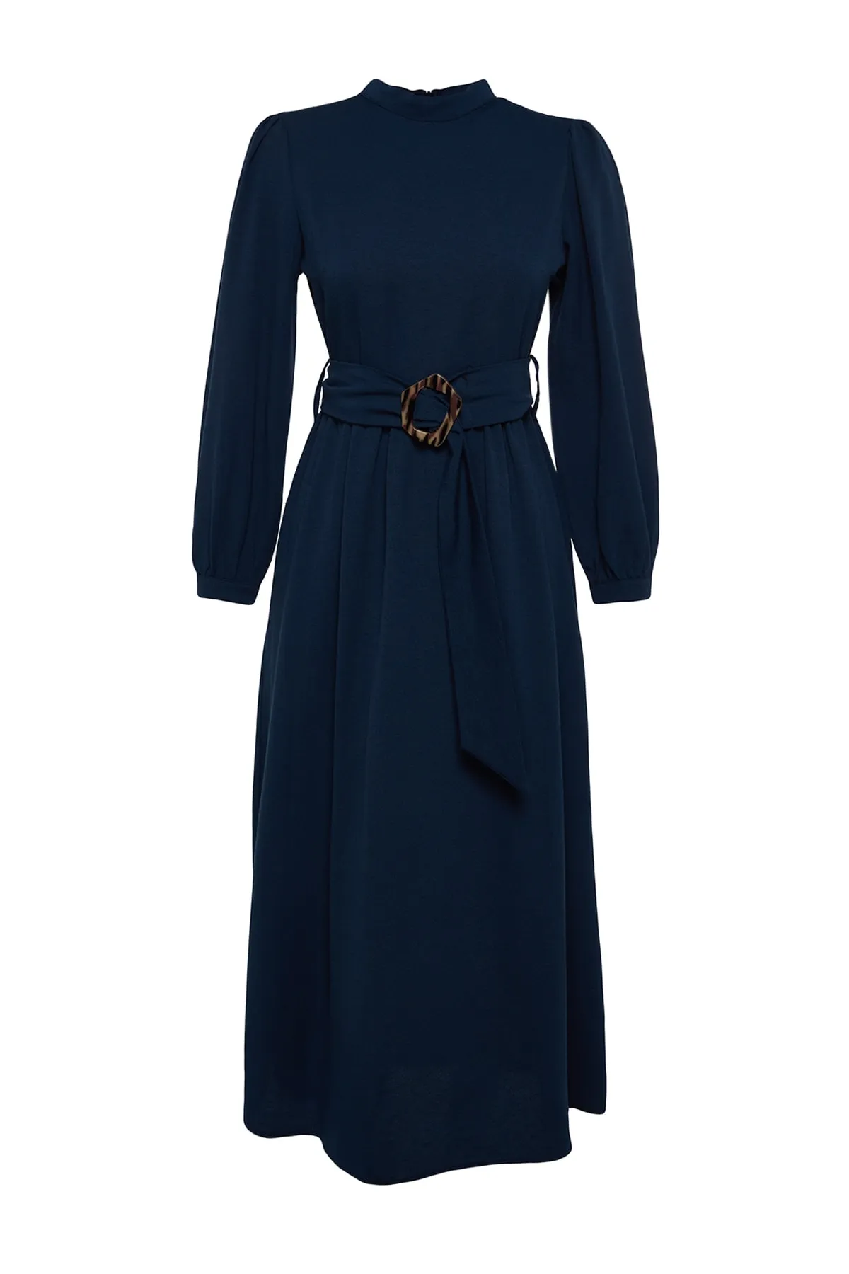 Trendyol Modest  Marineblaues gewebtes Kleid mit Stehkragen und Gürtel in Leinenoptik TCTSS23EB00018
