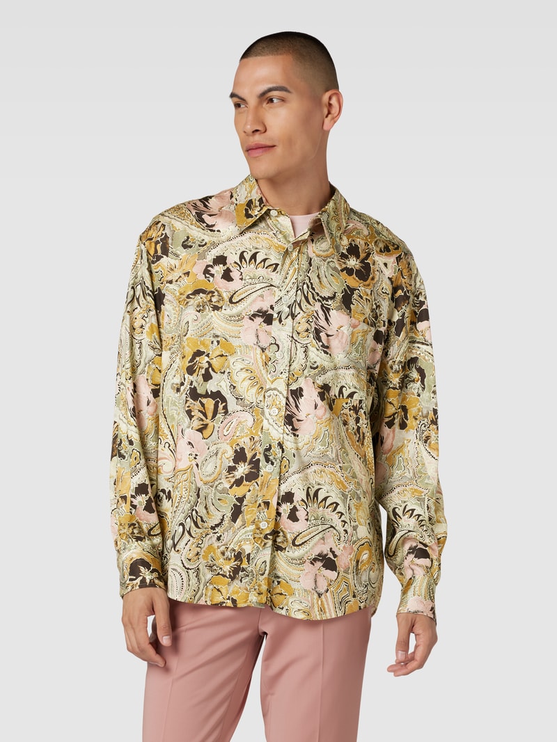 Oversized Fit Freizeithemd aus Lyocell mit Allover-Muster in hellgelb