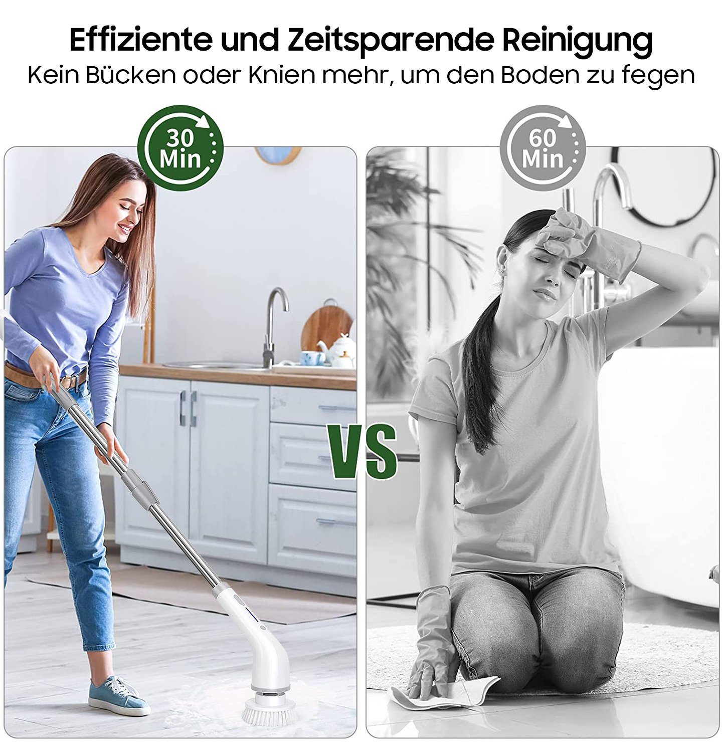 Aoucheni Reinigungsbürsten-Set 8 in 1 Elektrischer Schleuderschrubber, kabellos, Duschschrubber, Boden, Fliesen, Plissees, Jalousien, (Power Scrubber-Bürste, 130cm verstellbarem Griff, mit 8 austauschbaren Bohrbürstenköpfen), mit auswechlbarem Bürste