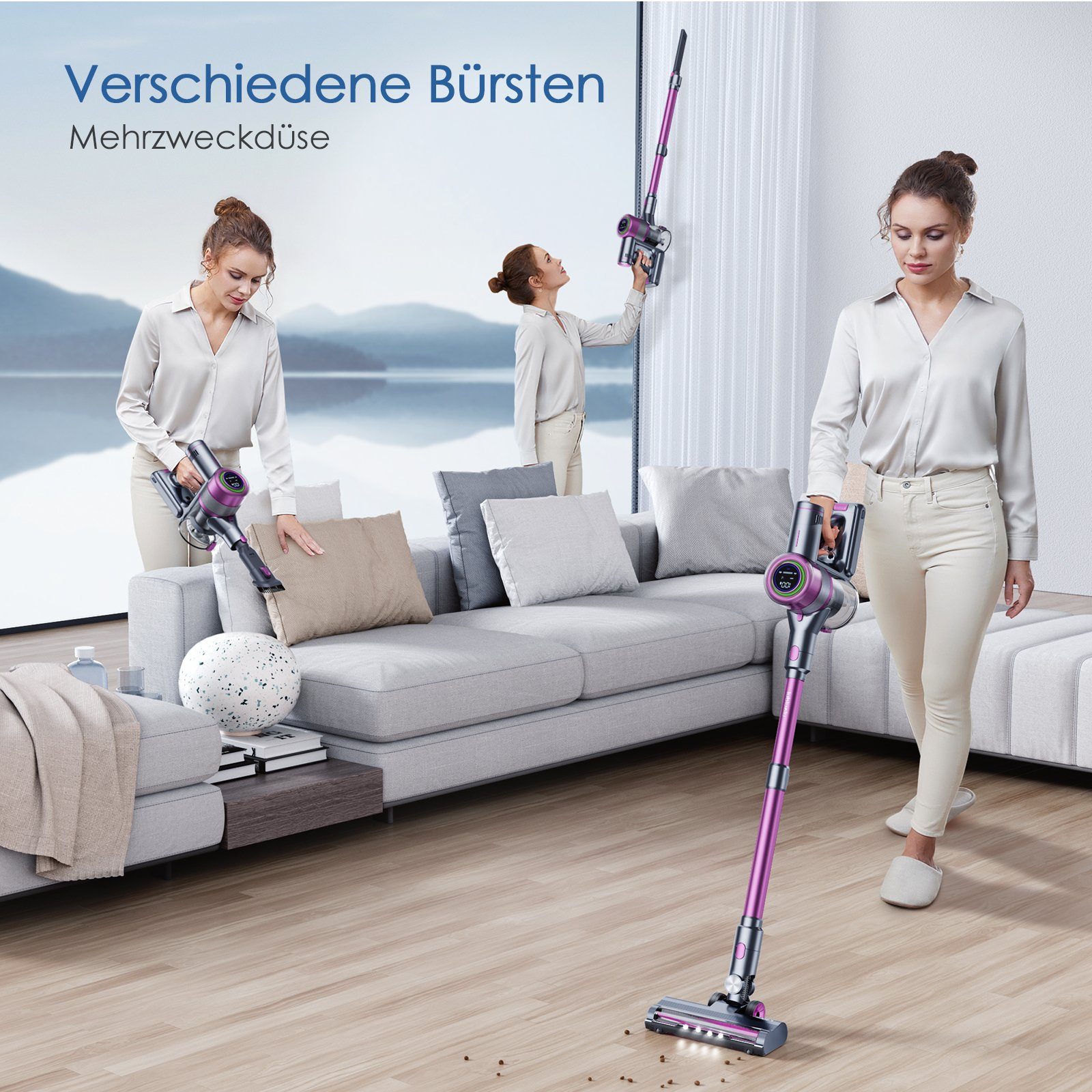 oyajia Akku-Stielstaubsauger Akku Staubsauger mit Smart Touchscreen Automatische Sauganpassung, 250,00 W, beutellos, Mit integrierter Ladestation, 25kPa, 50 Min. Laufzeit
