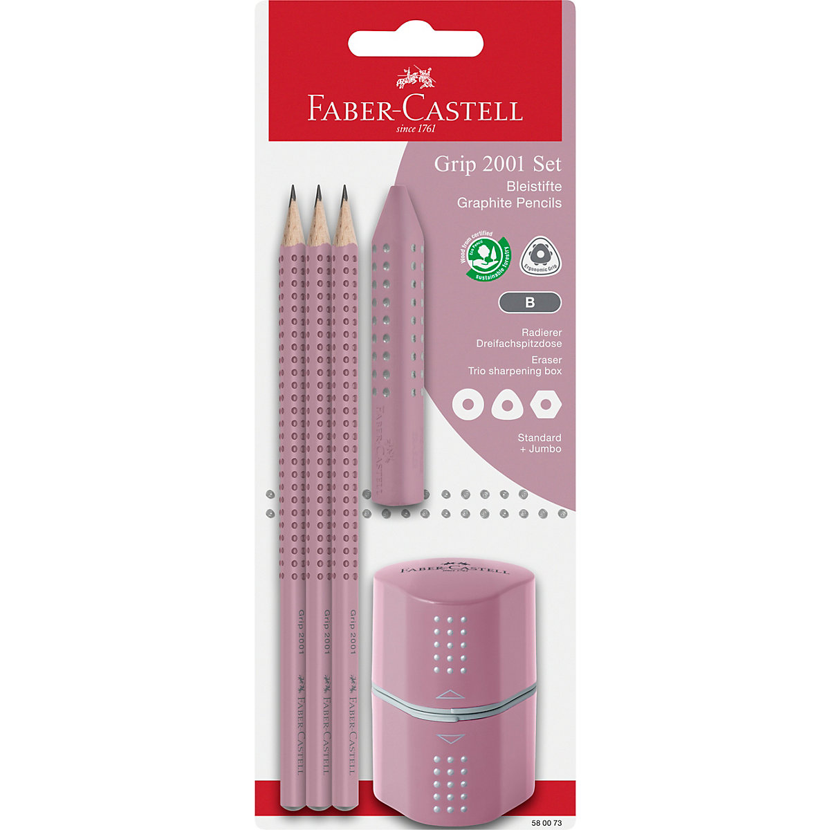 Bleistiftset GRIP 2001 rose shadows, 5-tlg., inkl. Radierer &  Spitzdose